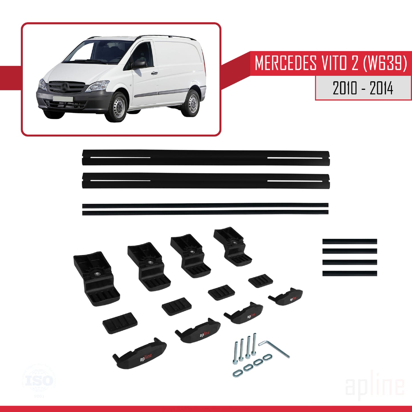 Compatible with Mercedes Vito 2 (W639) Post-Facelift 2010-2014 BASIC Model Car Roof Rack Cross Bar Black Aluminium 2 Bars