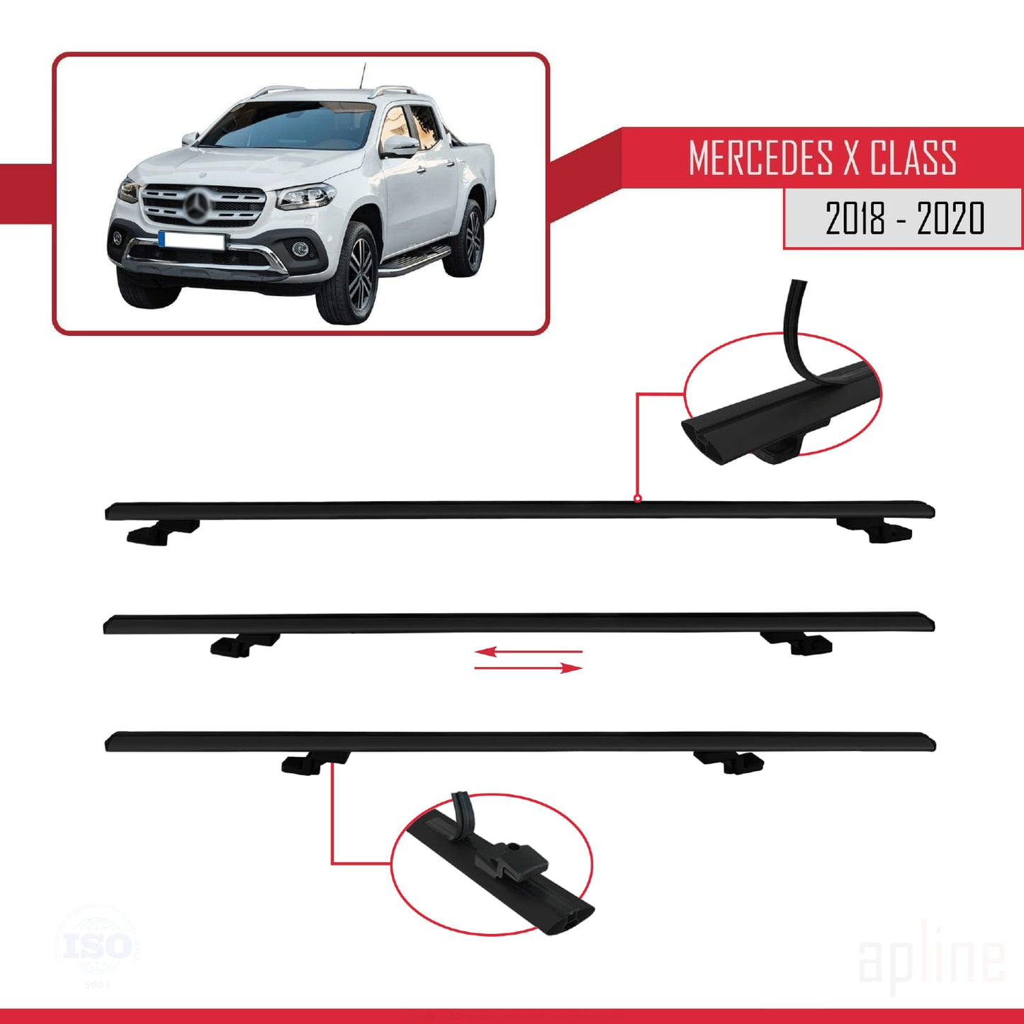 Compatible avec Mercedes Classe X (470) 2018-2020 BASIC Model Barres de Toit Railing Porte-Bagages de Voiture Noir Aluminium 2 Barres