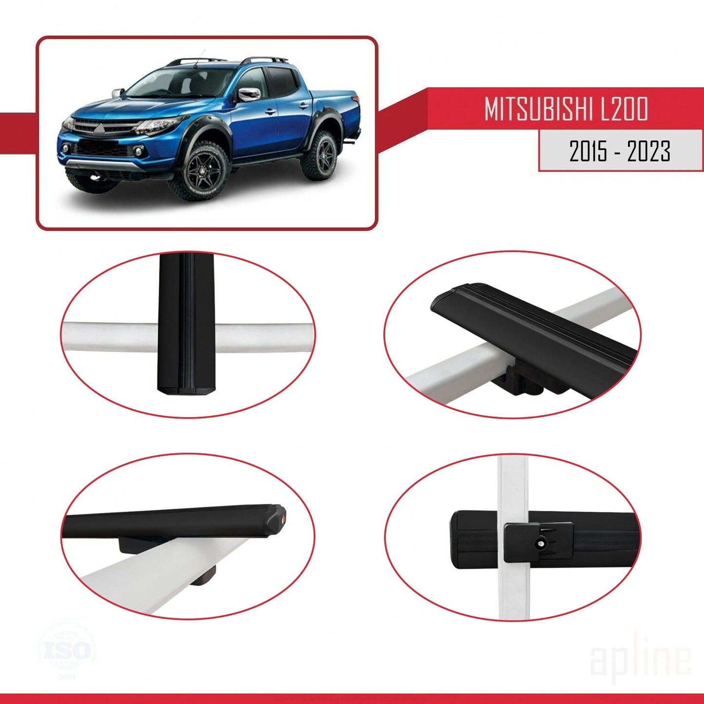 Compatible avec Mitsubishi L200 V 2015-2023 BASIC Model Barres de Toit Railing Porte-Bagages de Voiture Noir Aluminium 2 Barres