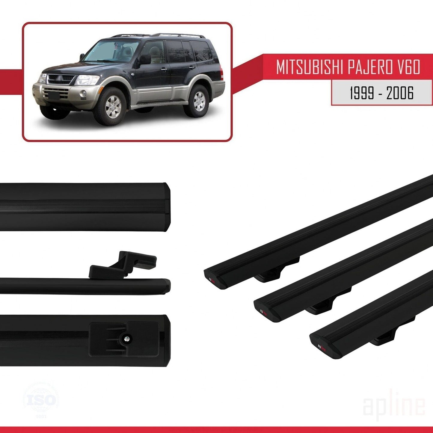 Compatible avec Mitsubishi Pajero (V60) 5 Kapı 1999-2006 BASIC Model Barres de Toit Railing Porte-Bagages de Voiture Noir Aluminium 3 Barres