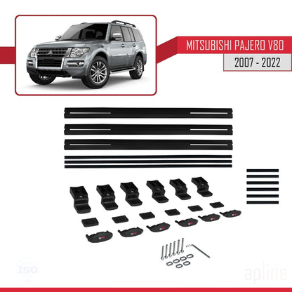 Compatible avec Mitsubishi Pajero (V80) 2007-2022 BASIC Model Barres de Toit Railing Porte-Bagages de Voiture Noir Aluminium 3 Barres