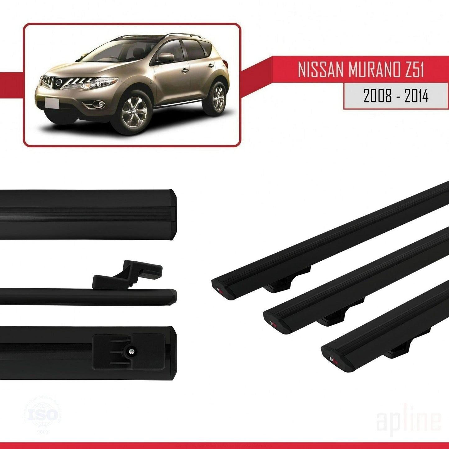 Compatible with Nissan Murano 2 (Z51) 2008-2014 BASIC Model Car Roof Rack Cross Bar Black Aluminium 3 Bars