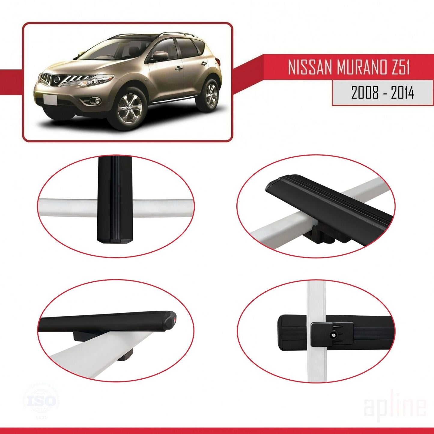 Compatible with Nissan Murano 2 (Z51) 2008-2014 BASIC Model Car Roof Rack Cross Bar Black Aluminium 3 Bars