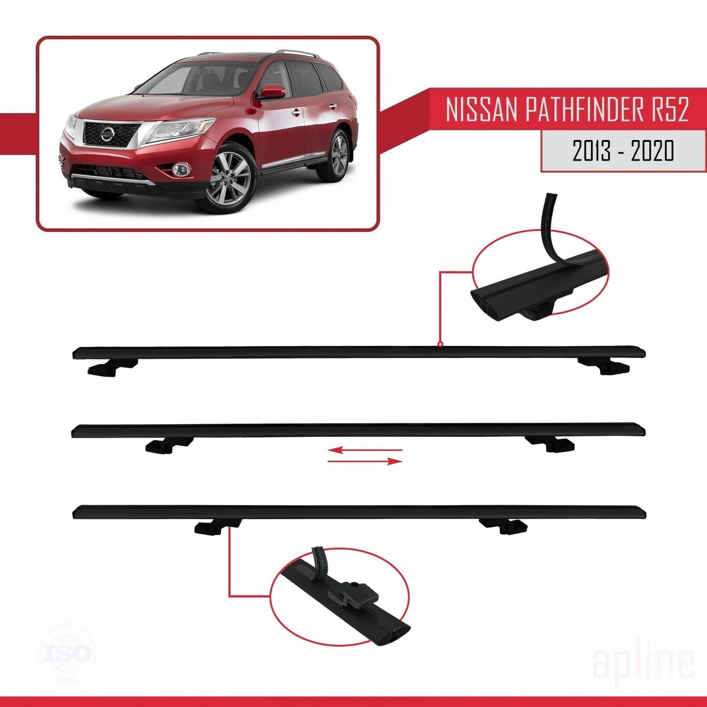 Compatible avec Nissan Pathfinder 4 (R52) 2013-2020 BASIC Model Barres de Toit Railing Porte-Bagages de Voiture Noir Aluminium 2 Barres