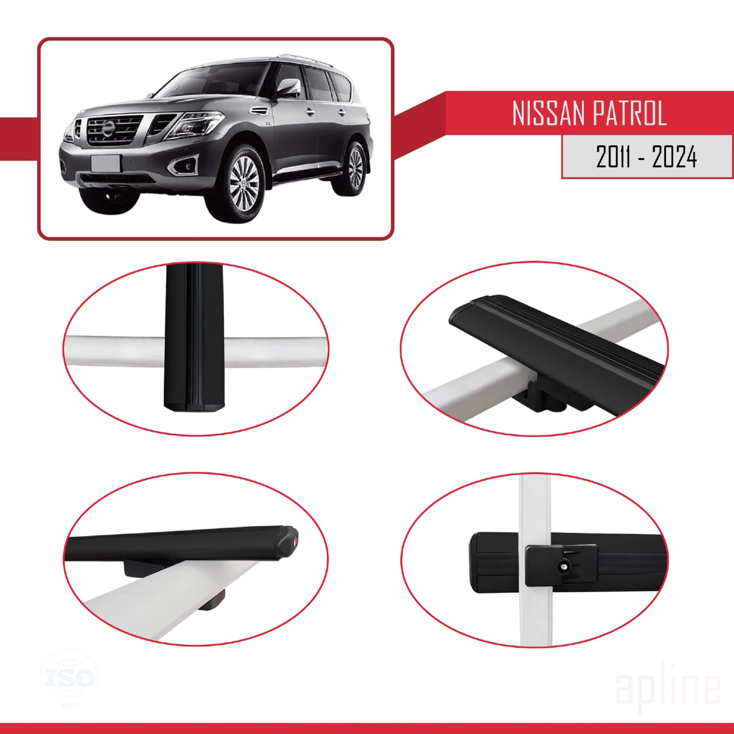 Compatible avec Nissan Patrol 6 (Y62) 2011-2024 BASIC Model Barres de Toit Railing Porte-Bagages de Voiture Noir Aluminium 3 Barres