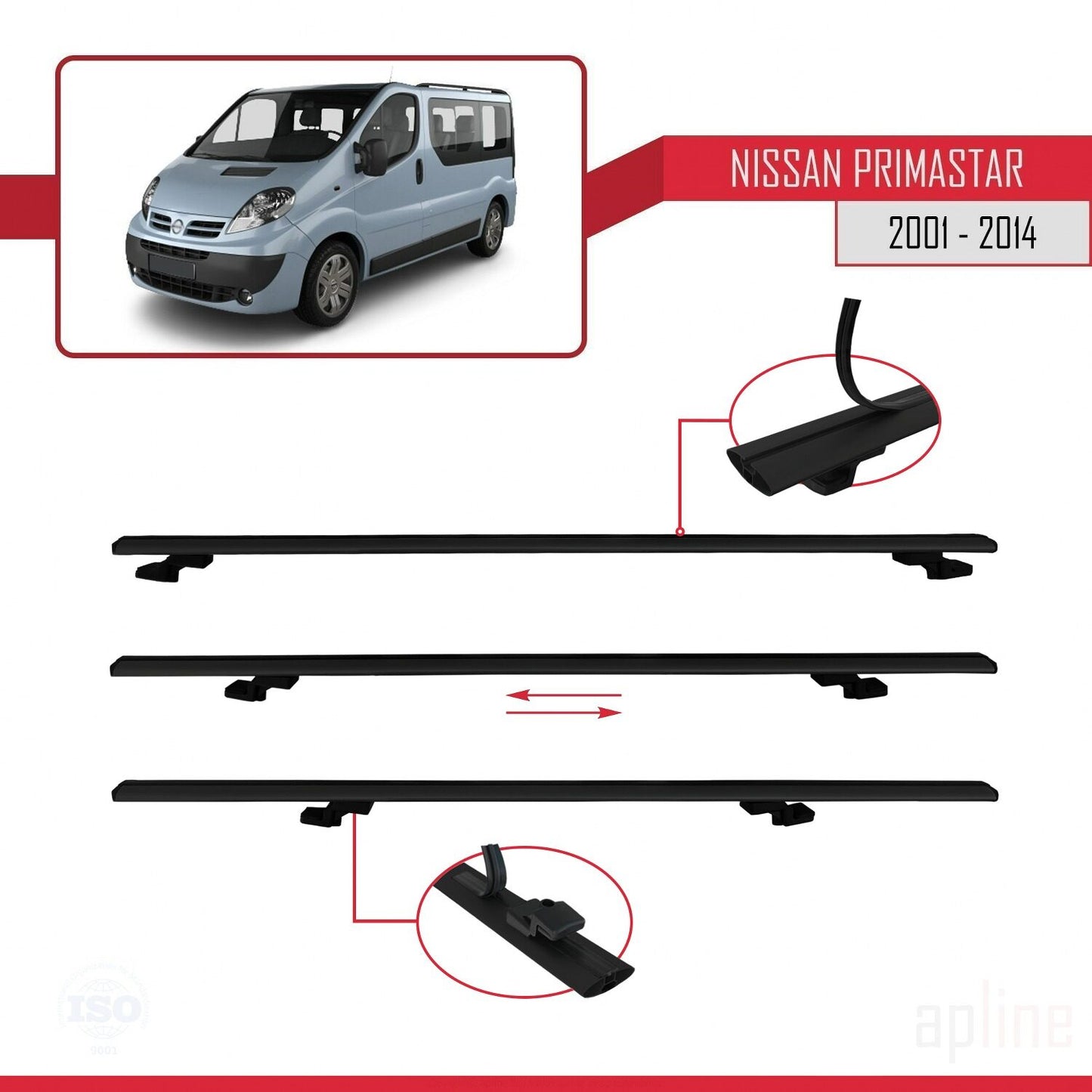 Compatible avec Nissan Primastar 2001-2014 BASIC Model Barres de Toit Railing Porte-Bagages de Voiture Noir Aluminium 3 Barres