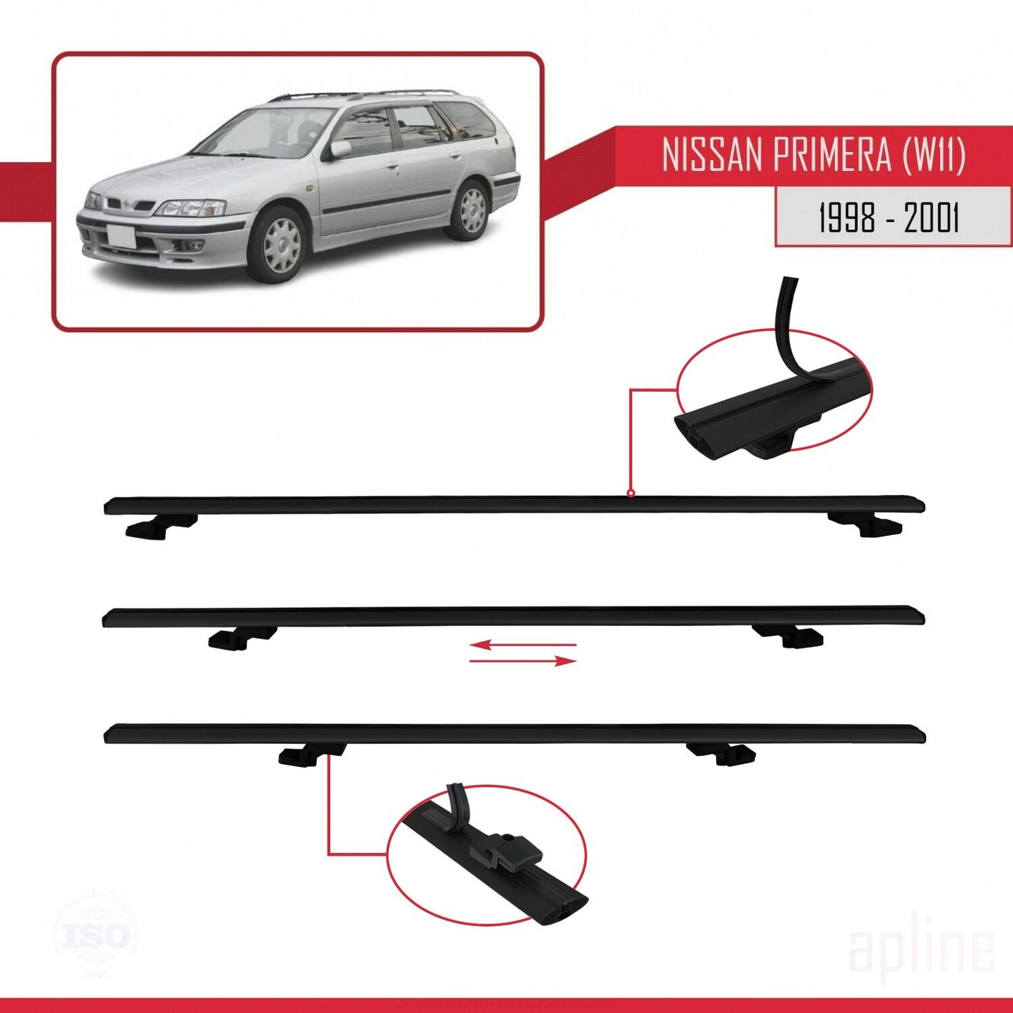 Compatible avec Nissan Primera 2 (W11) Traveller 1998-2001 BASIC Model Barres de Toit Railing Porte-Bagages de Voiture Noir Aluminium 2 Barres