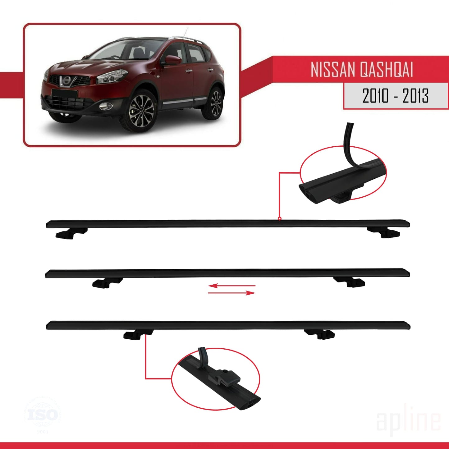 Compatible avec Nissan Qashqai (J10) Post-Facelift 2010-2013 BASIC Model Barres de Toit Railing Porte-Bagages de Voiture Noir Aluminium 2 Barres