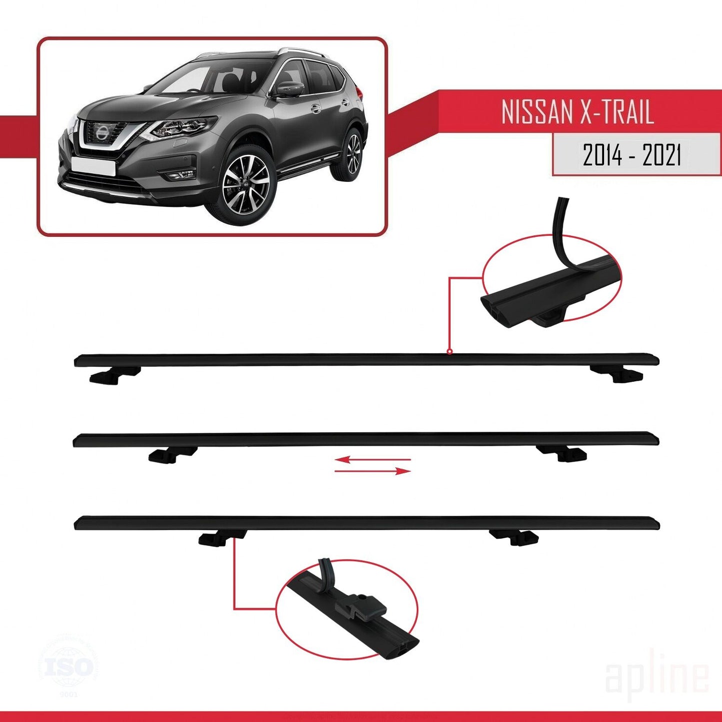 Compatible avec Nissan X-Trail 3 (T32) 2014-2021 BASIC Model Barres de Toit Railing Porte-Bagages de Voiture Noir Aluminium 2 Barres