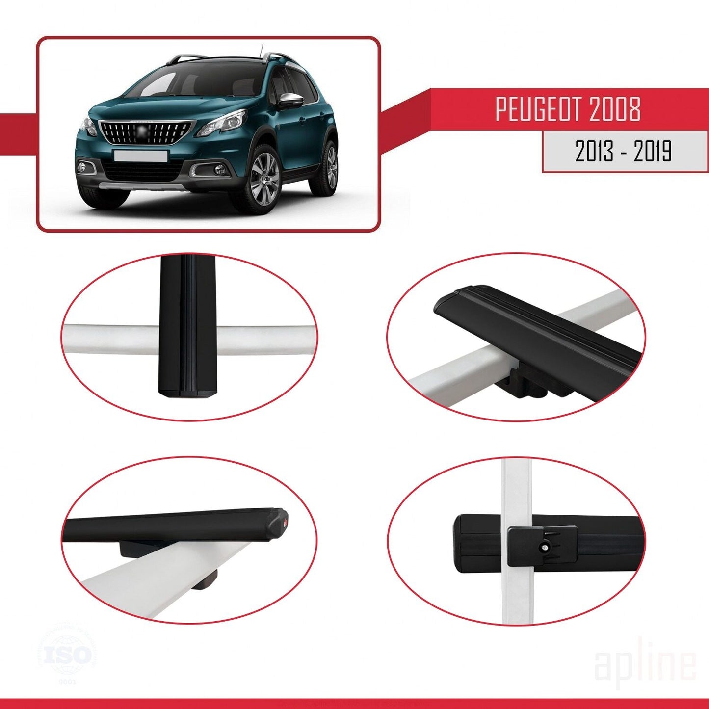 Compatible with Peugeot 2008 (A94) 2013-2019 BASIC Model Car Roof Rack Cross Bar Black Aluminium 2 Bars