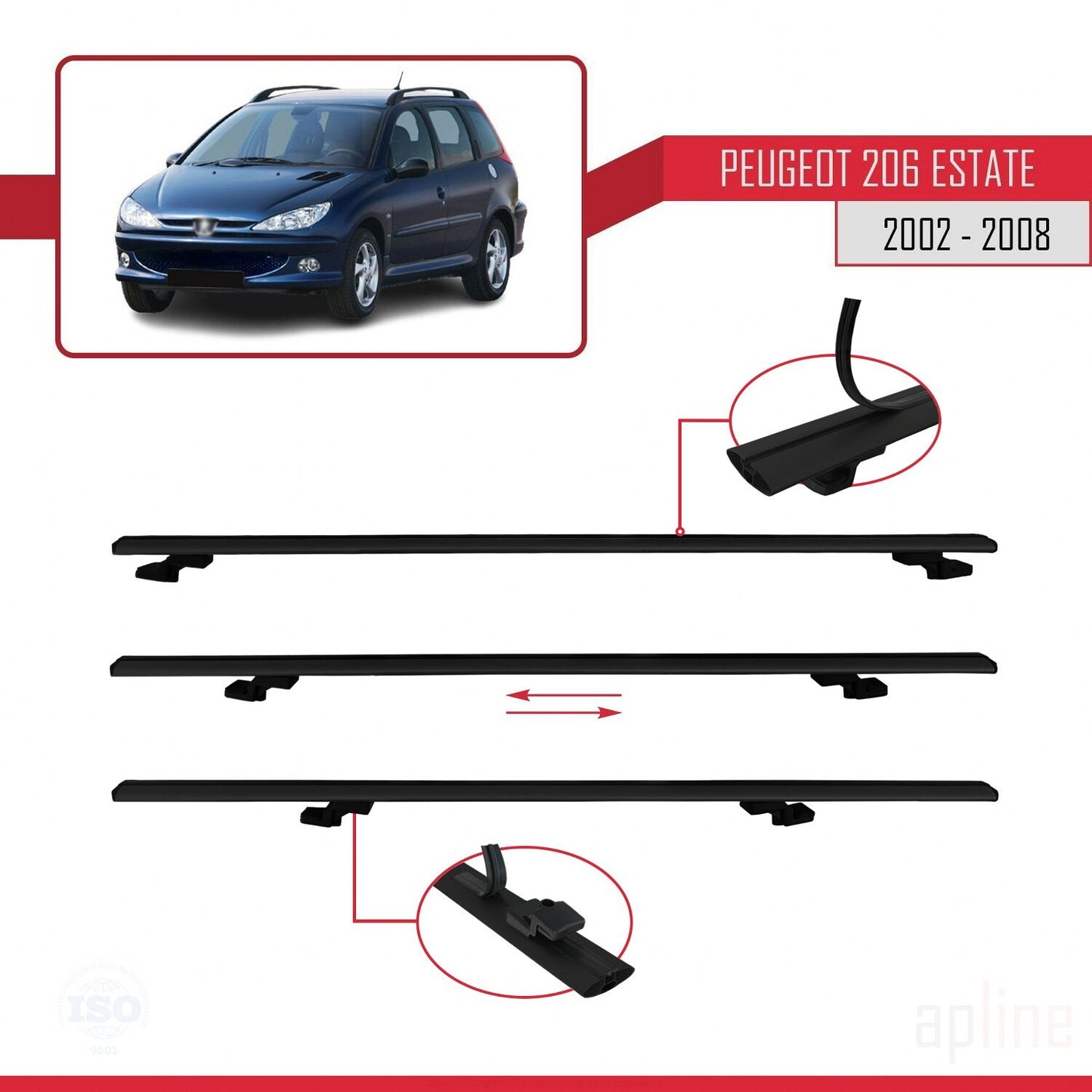 Compatible avec Peugeot 206 Break 2002-2008 BASIC Model Barres de Toit Railing Porte-Bagages de Voiture Noir Aluminium 3 Barres