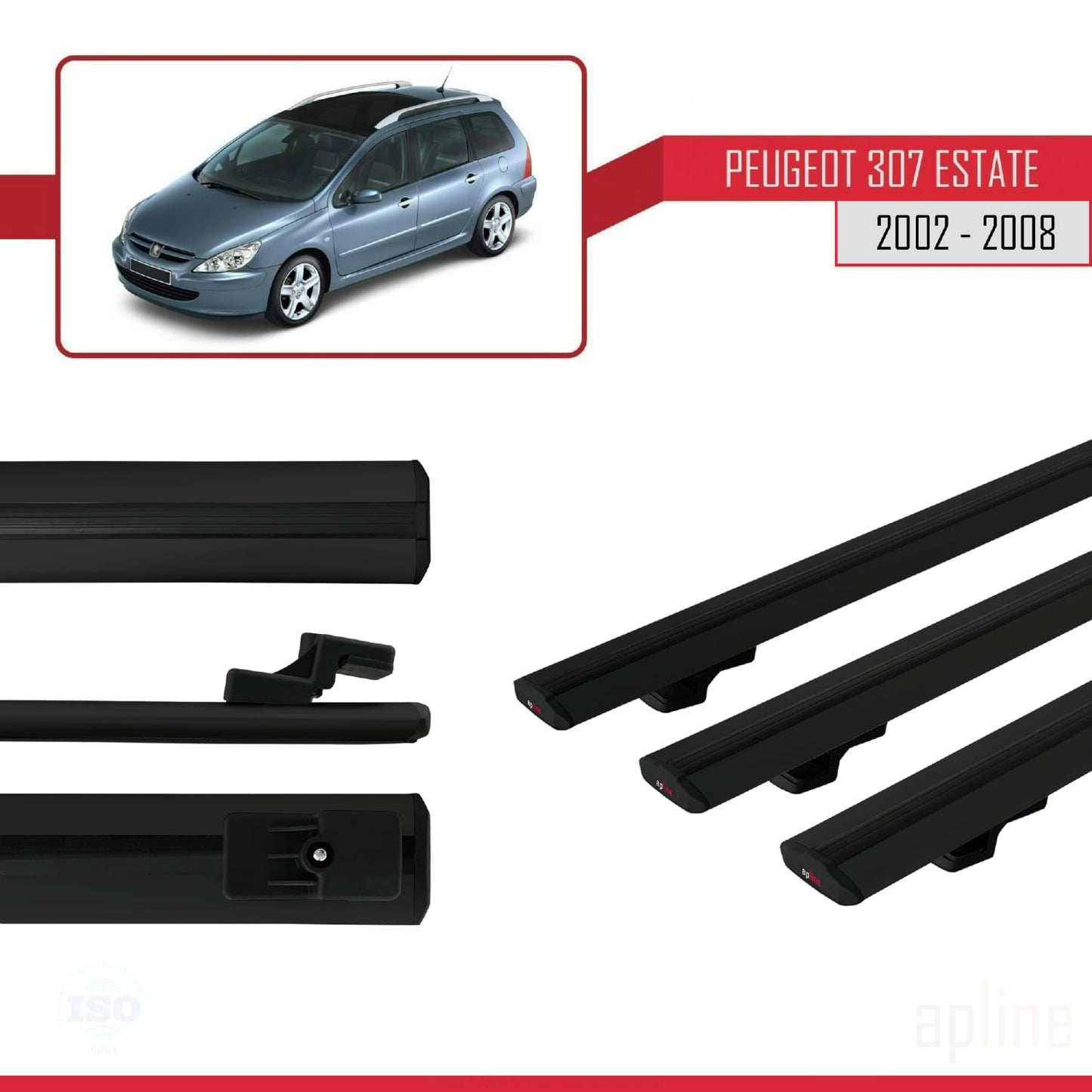 Compatible avec Peugeot 307 Break 2002-2008 BASIC Model Barres de Toit Railing Porte-Bagages de Voiture Noir Aluminium 3 Barres