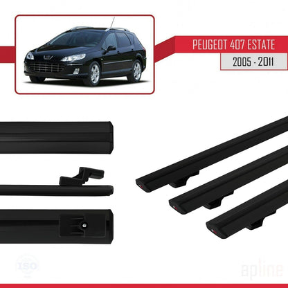 Compatible avec Peugeot 407 Break 2005-2011 BASIC Model Barres de Toit Railing Porte-Bagages de Voiture Noir Aluminium 3 Barres