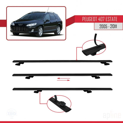 Compatible avec Peugeot 407 Break 2005-2011 BASIC Model Barres de Toit Railing Porte-Bagages de Voiture Noir Aluminium 3 Barres