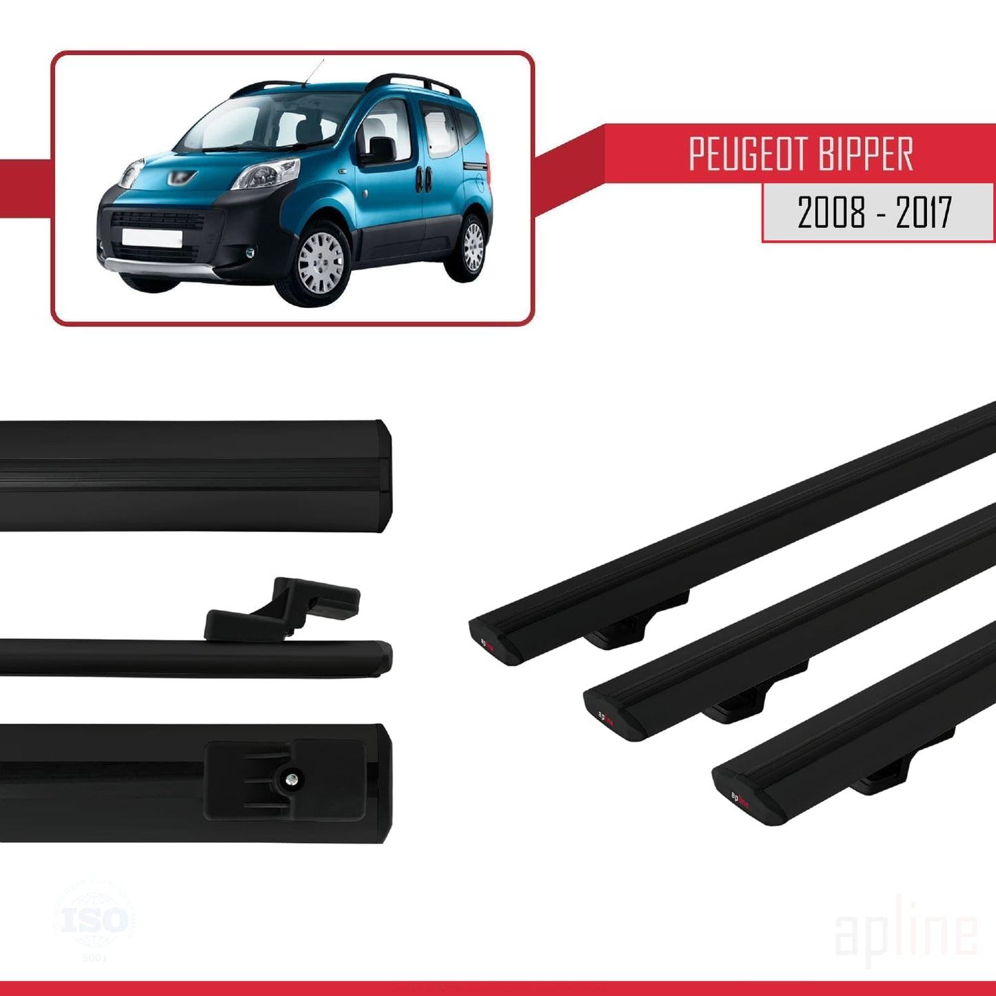 Compatible avec Peugeot Bipper 2008-2017 BASIC Model Barres de Toit Railing Porte-Bagages de Voiture Noir Aluminium 3 Barres