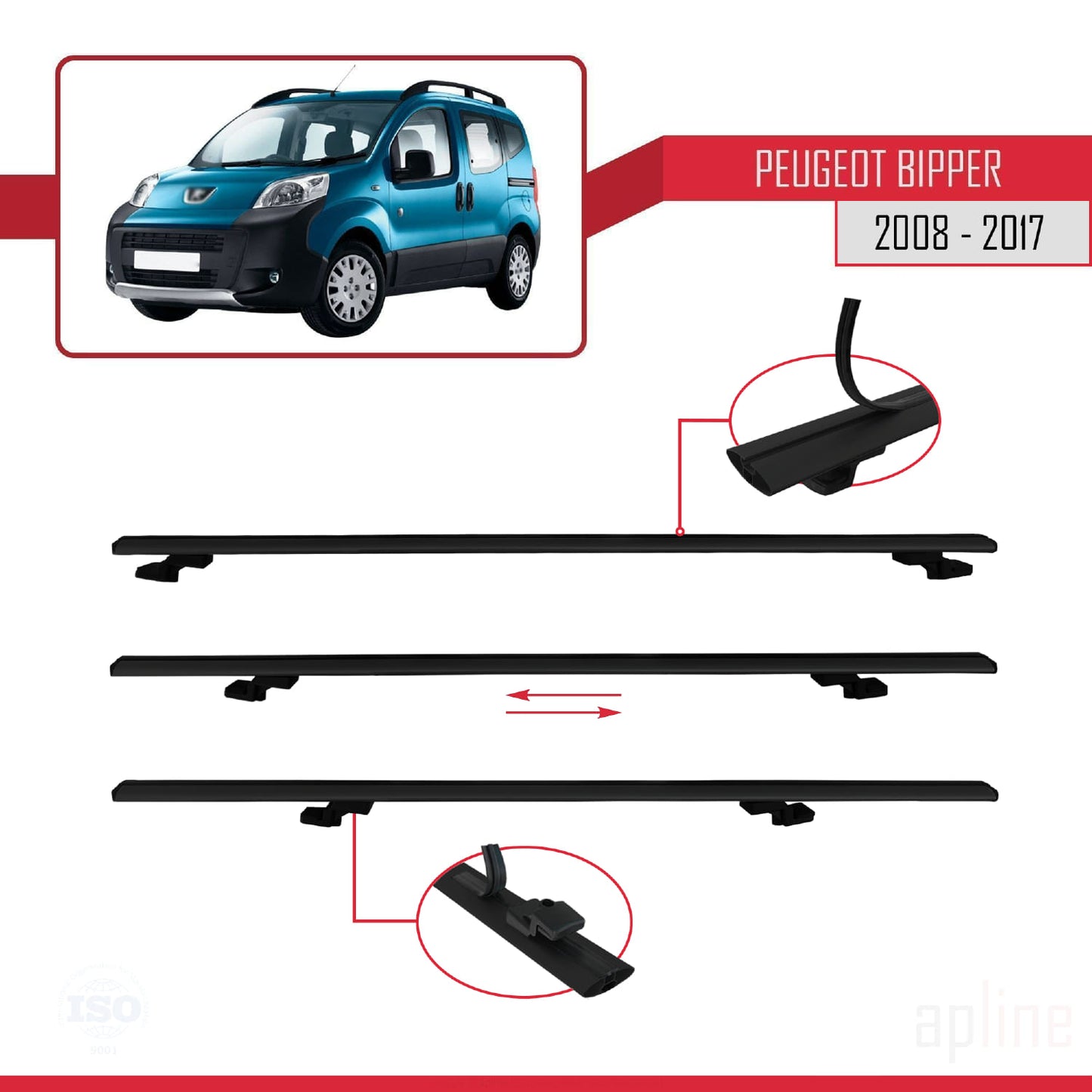 Compatible avec Peugeot Bipper 2008-2017 BASIC Model Barres de Toit Railing Porte-Bagages de Voiture Noir Aluminium 3 Barres