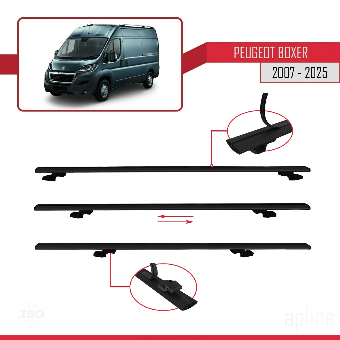 Compatible avec Peugeot Boxer 2 2007-2025 BASIC Model Barres de Toit Railing Porte-Bagages de Voiture Noir Aluminium 3 Barres