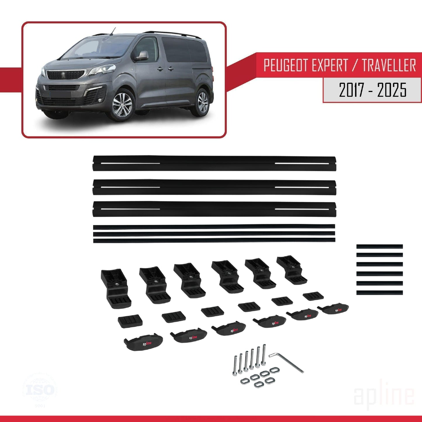 Compatible with Peugeot Expert 3 Traveller 2017-2025 BASIC Model Car Roof Rack Cross Bar Black Aluminium 3 Bars