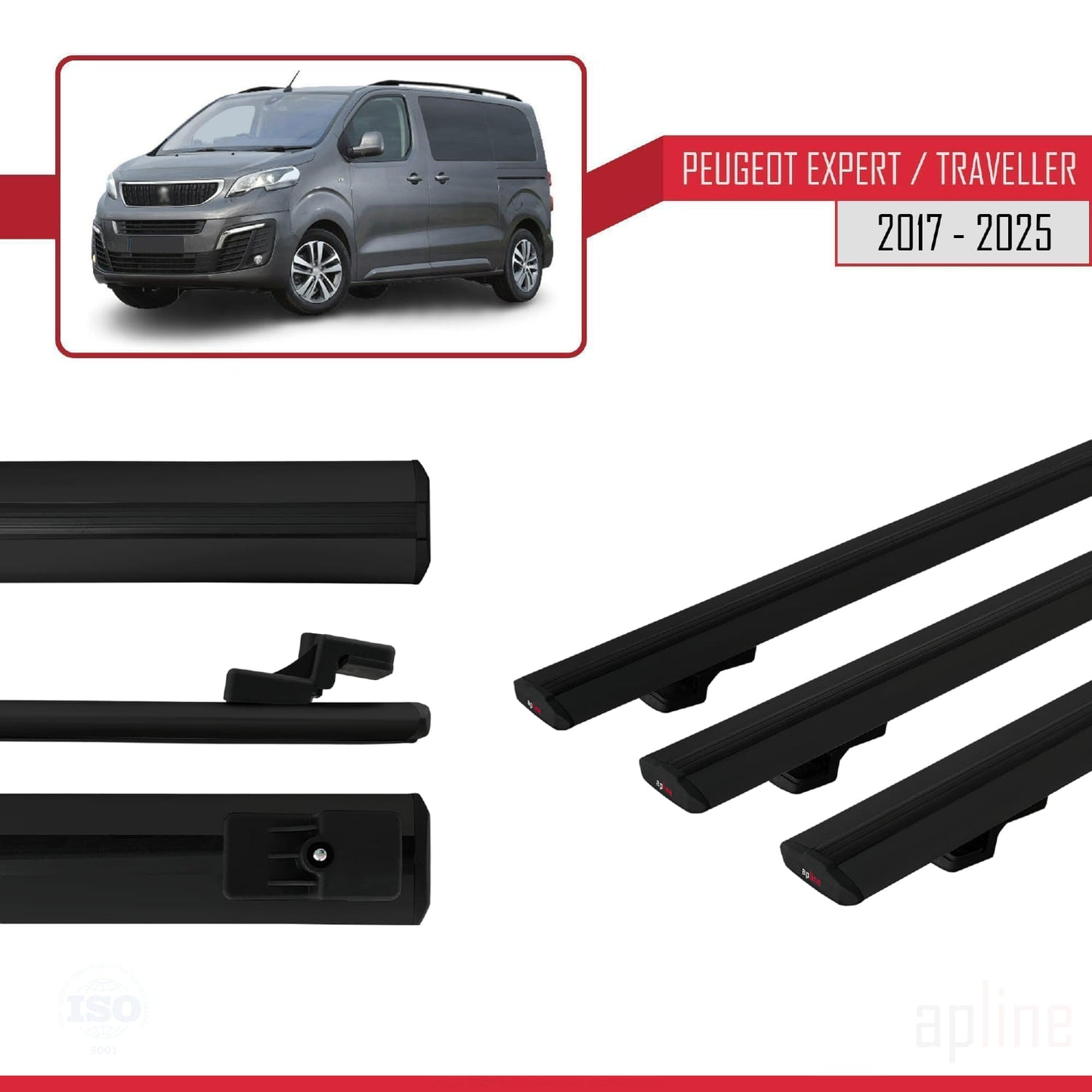 Compatible with Peugeot Expert 3 Traveller 2017-2025 BASIC Model Car Roof Rack Cross Bar Black Aluminium 3 Bars
