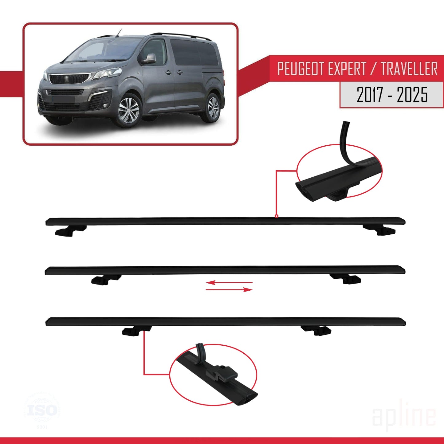 Compatible avec Peugeot Expert 3 Traveller 2017-2025 BASIC Model Barres de Toit Railing Porte-Bagages de Voiture Noir Aluminium 2 Barres