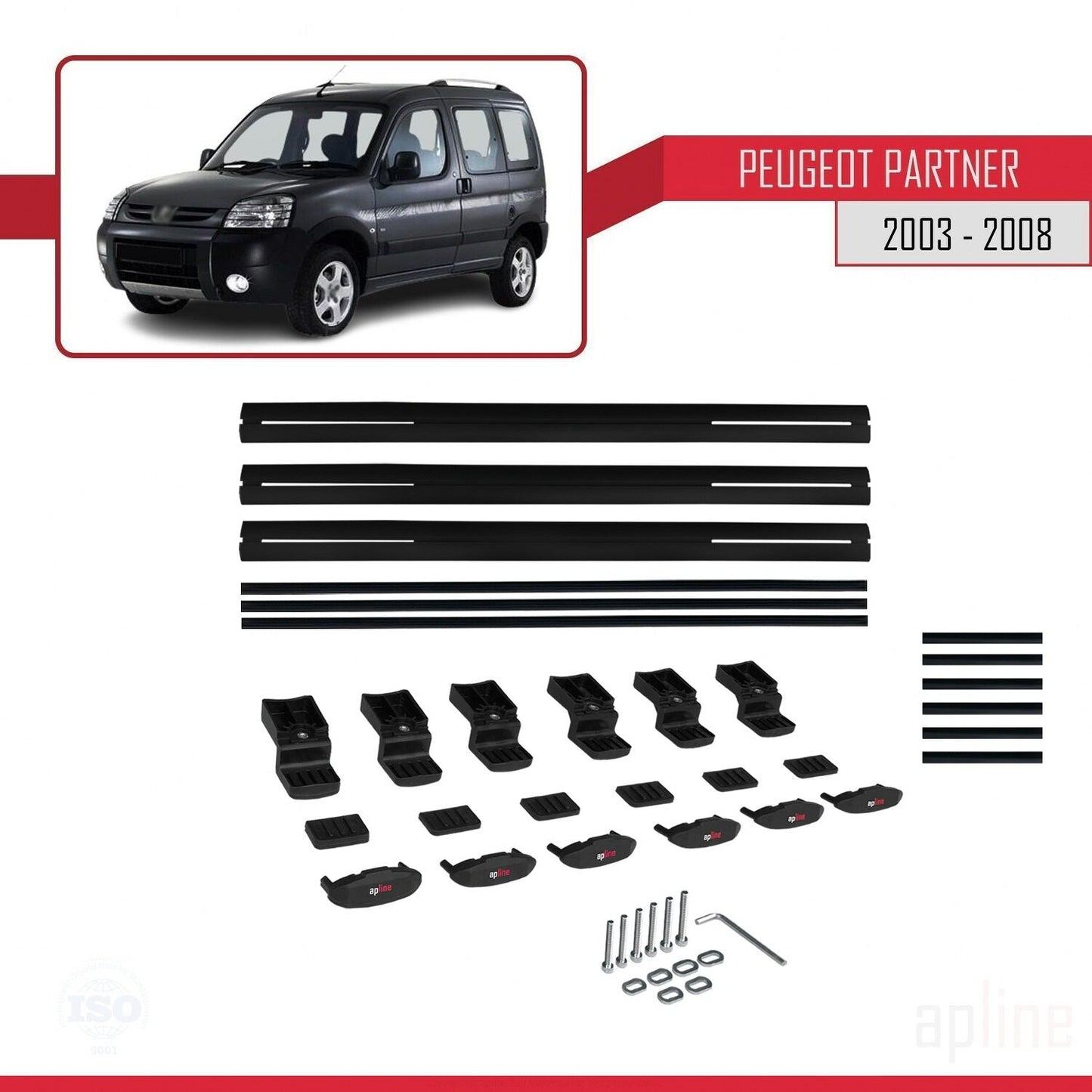 Compatible avec Peugeot Partner Post-Facelift 2003-2008 BASIC Model Barres de Toit Railing Porte-Bagages de Voiture Noir Aluminium 3 Barres
