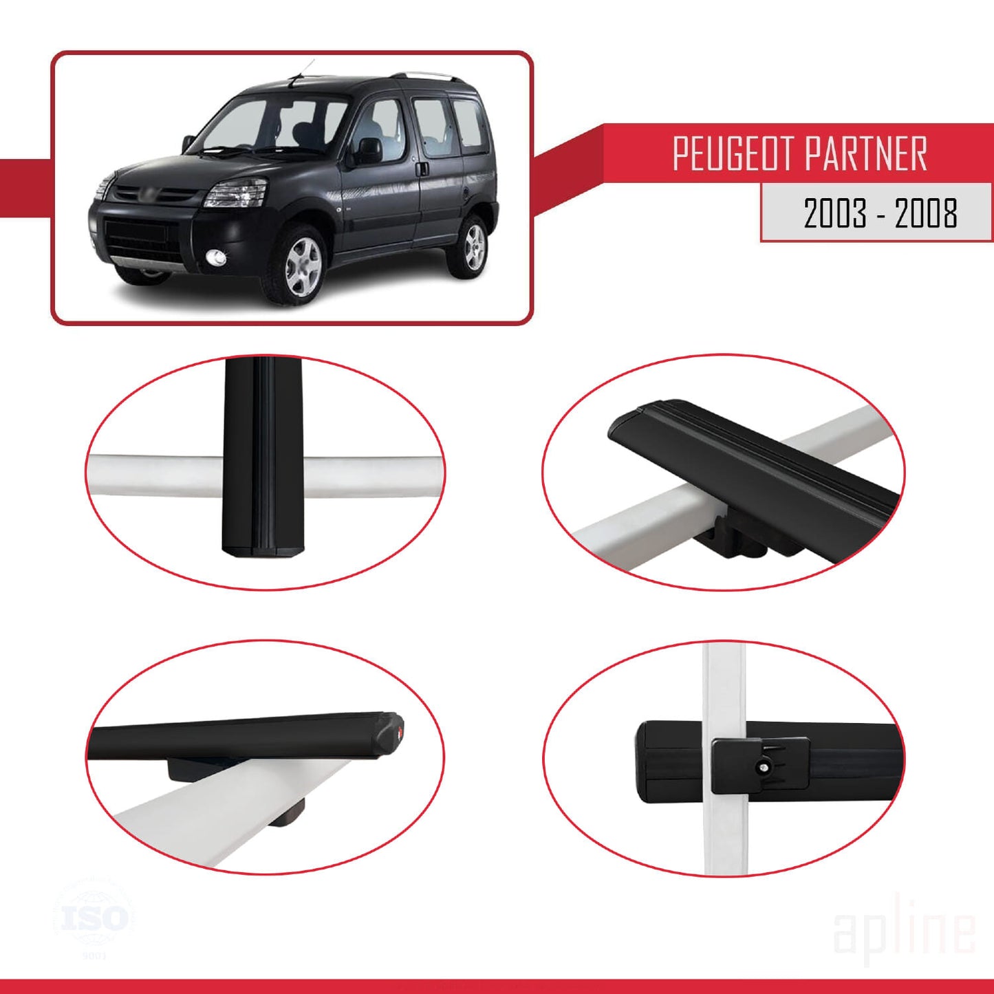 Compatible avec Peugeot Partner Post-Facelift 2003-2008 BASIC Model Barres de Toit Railing Porte-Bagages de Voiture Noir Aluminium 4 Barres