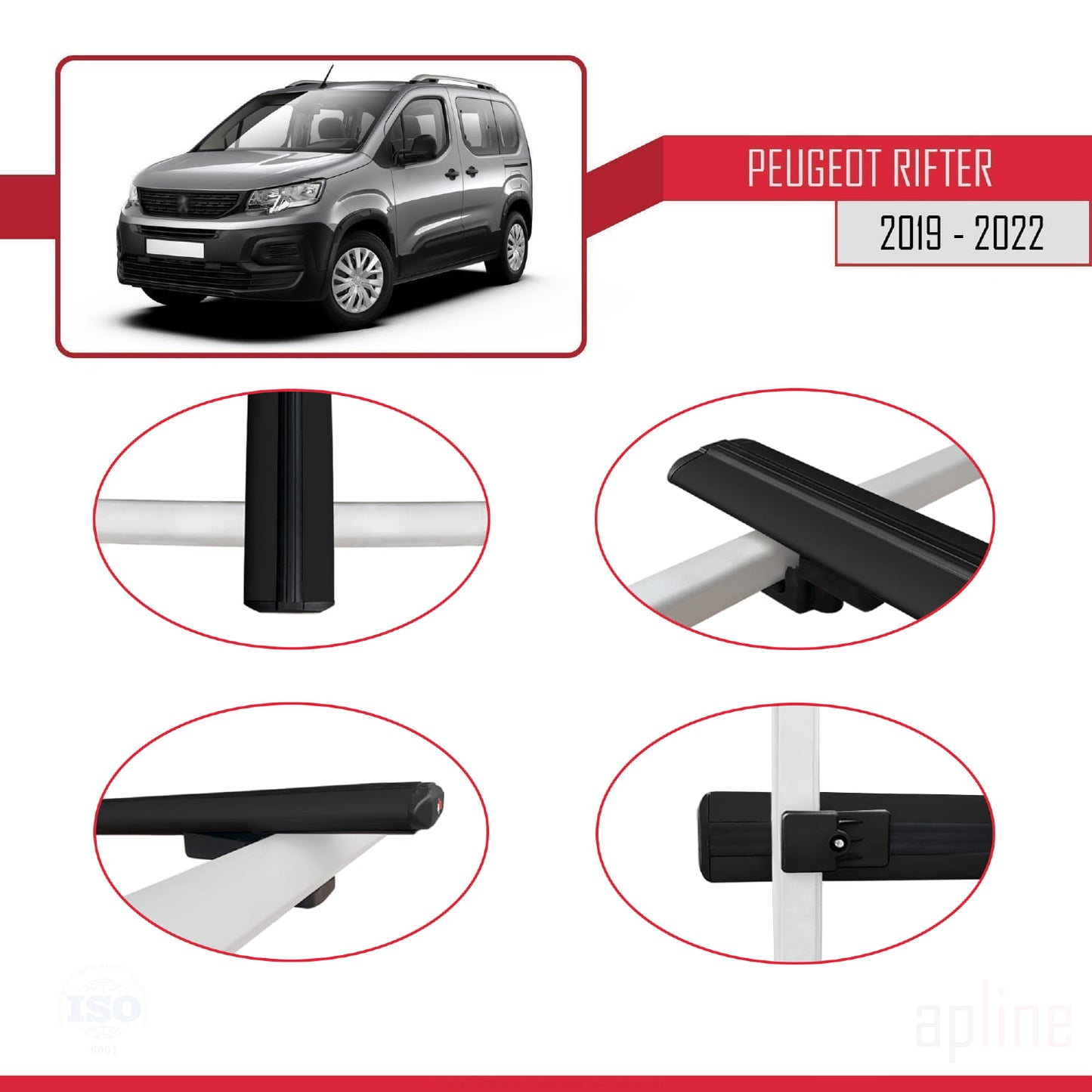 Compatible avec Peugeot Rifter 2019-2022 BASIC Model Barres de Toit Railing Porte-Bagages de Voiture Noir Aluminium 2 Barres