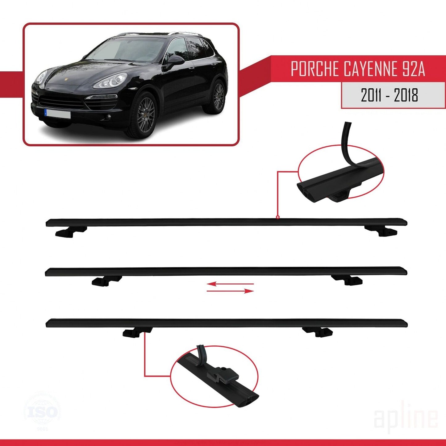 Compatible avec Porsche Cayenne 2 (92A) 2011-2018 BASIC Model Barres de Toit Railing Porte-Bagages de Voiture Noir Aluminium 2 Barres