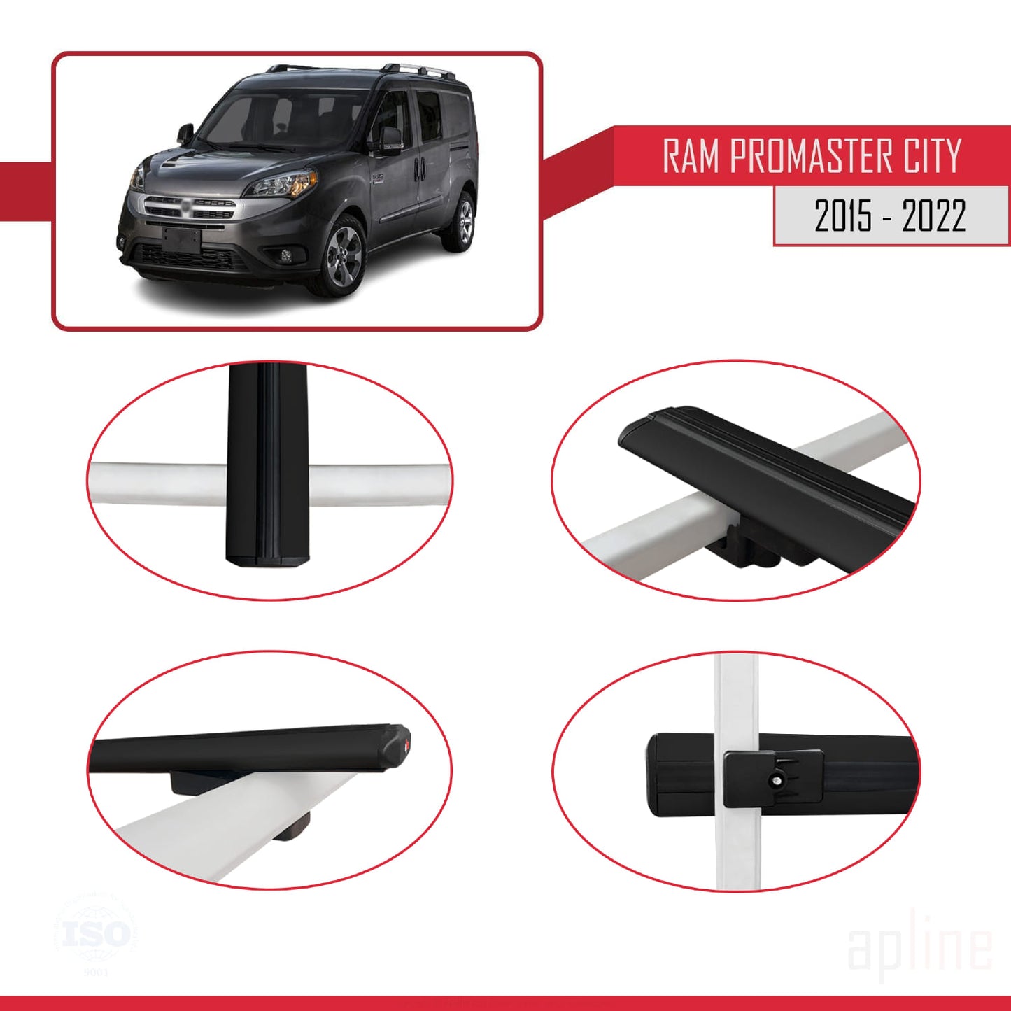 Compatible avec Ram Promaster City (636) 2015-2022 BASIC Model Barres de Toit Railing Porte-Bagages de Voiture Noir Aluminium 3 Barres