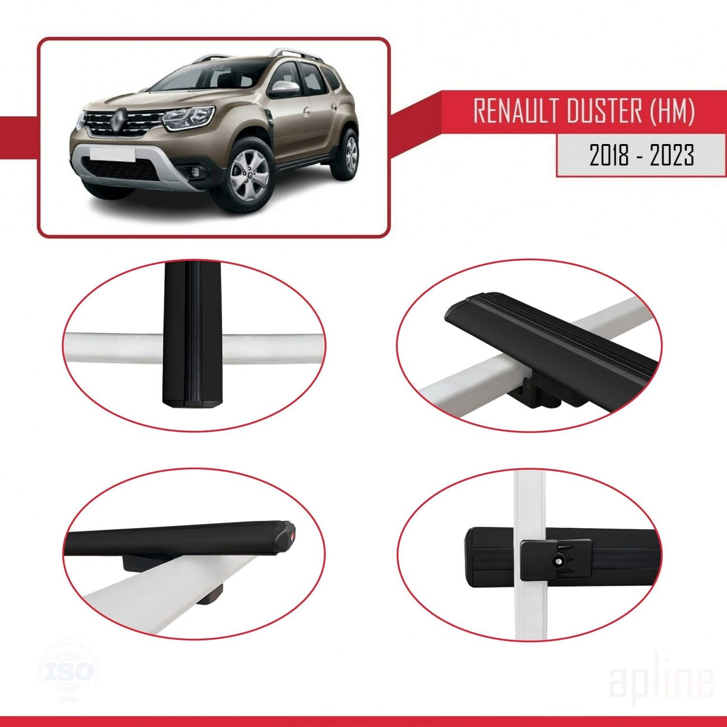 Compatible avec Renault Duster 2 (HM) 2018-2024 BASIC Model Barres de Toit Railing Porte-Bagages de Voiture Noir Aluminium 2 Barres