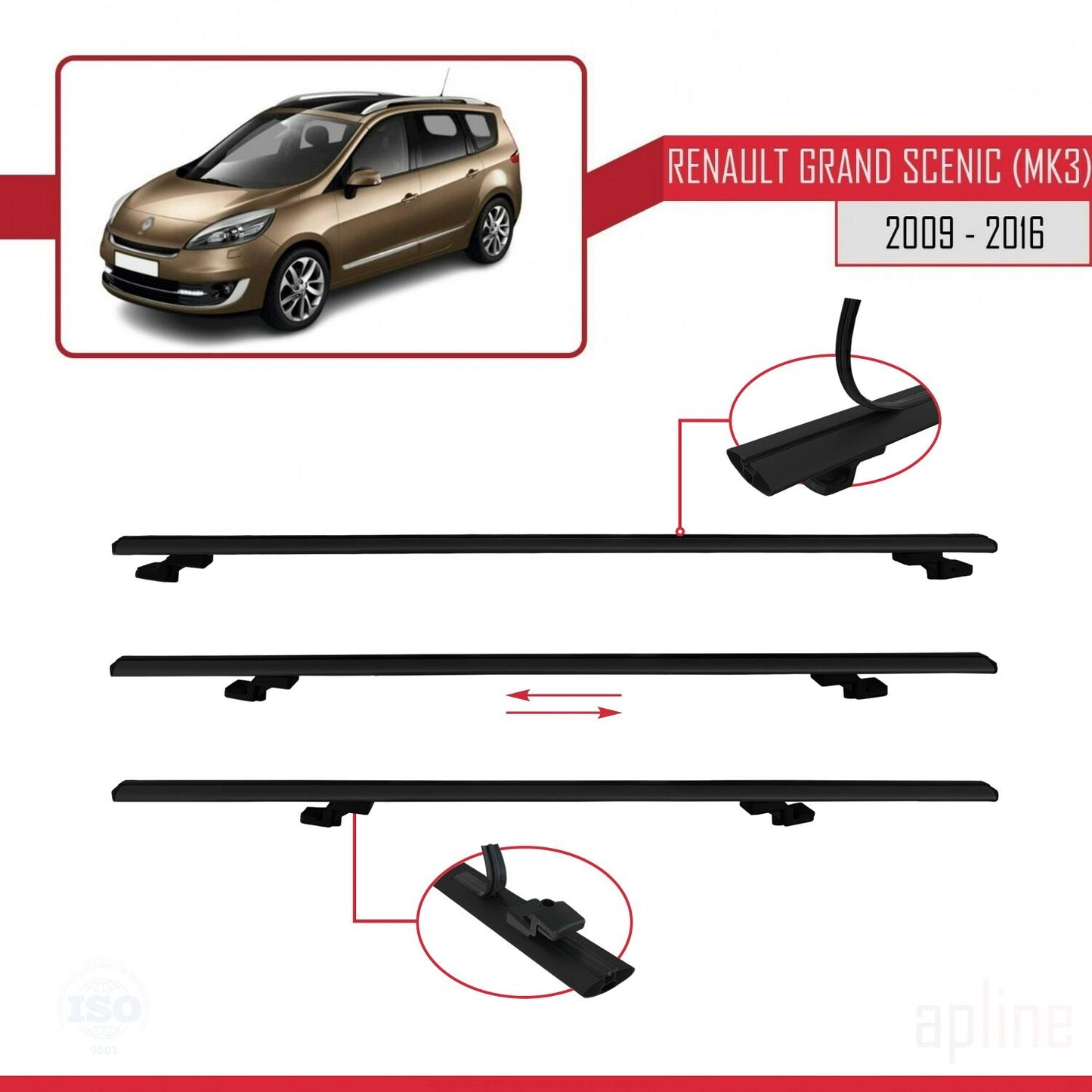 Compatible avec Renault Grand Scenic 3 2009-2016 BASIC Model Barres de Toit Railing Porte-Bagages de Voiture Noir Aluminium 2 Barres