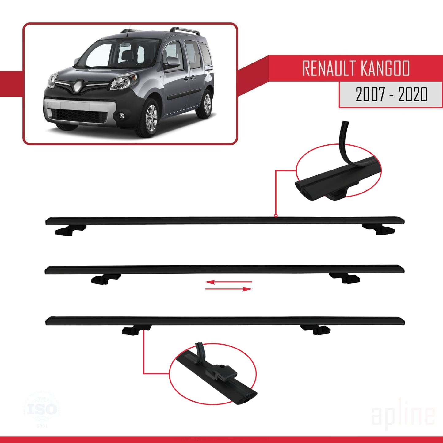 Compatible avec Renault Kangoo 2 (X61) 2007-2020 BASIC Model Barres de Toit Railing Porte-Bagages de Voiture Noir Aluminium 2 Barres