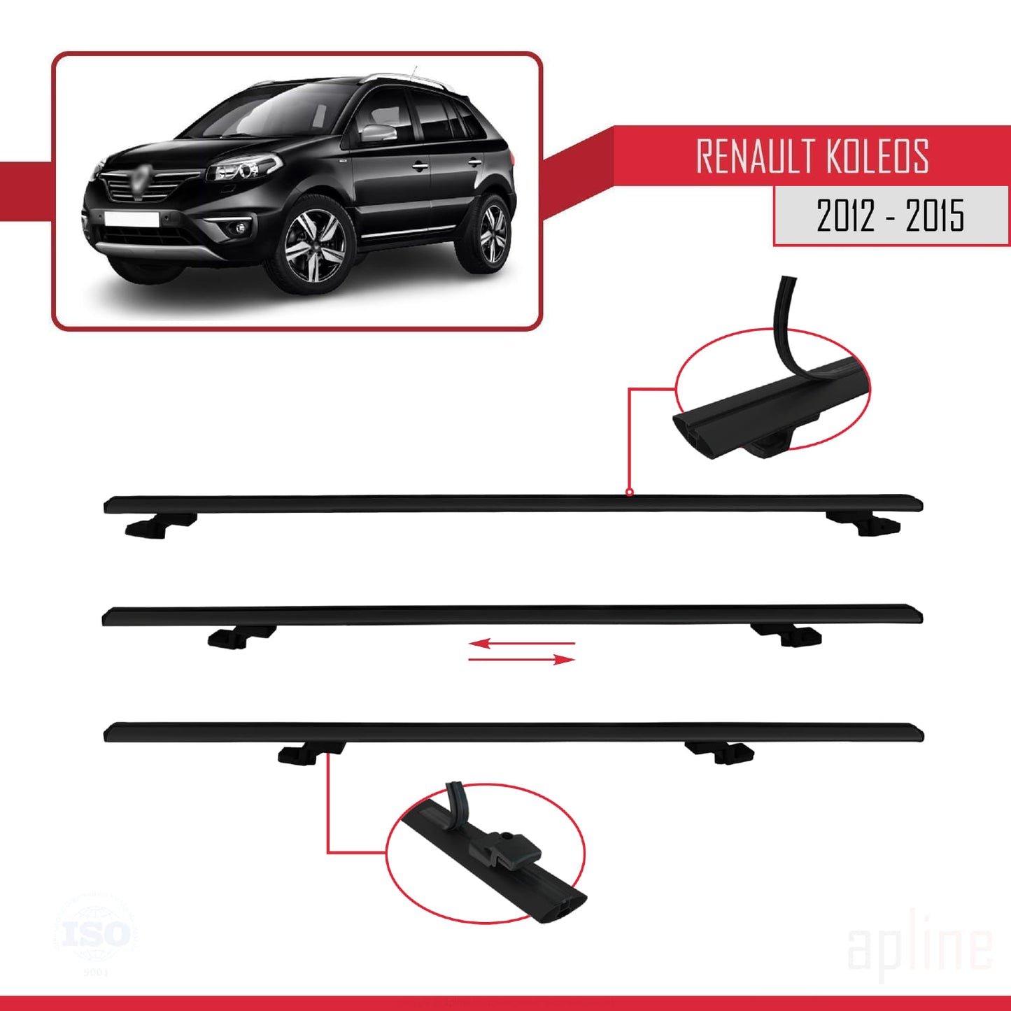 Compatible avec Renault Koleos (HY) Post-Facelift 2012-2015 BASIC Model Barres de Toit Railing Porte-Bagages de Voiture Noir Aluminium 3 Barres