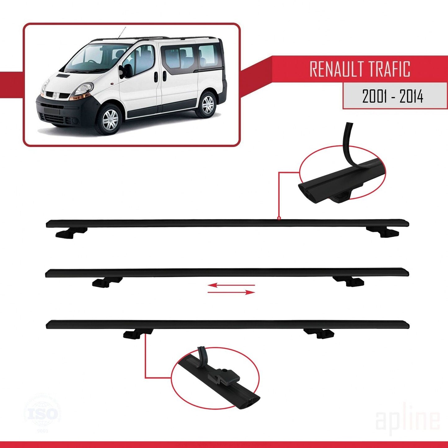 Compatible avec Renault Trafic 2 (X83) 2001-2014 BASIC Model Barres de Toit Railing Porte-Bagages de Voiture Noir Aluminium 2 Barres