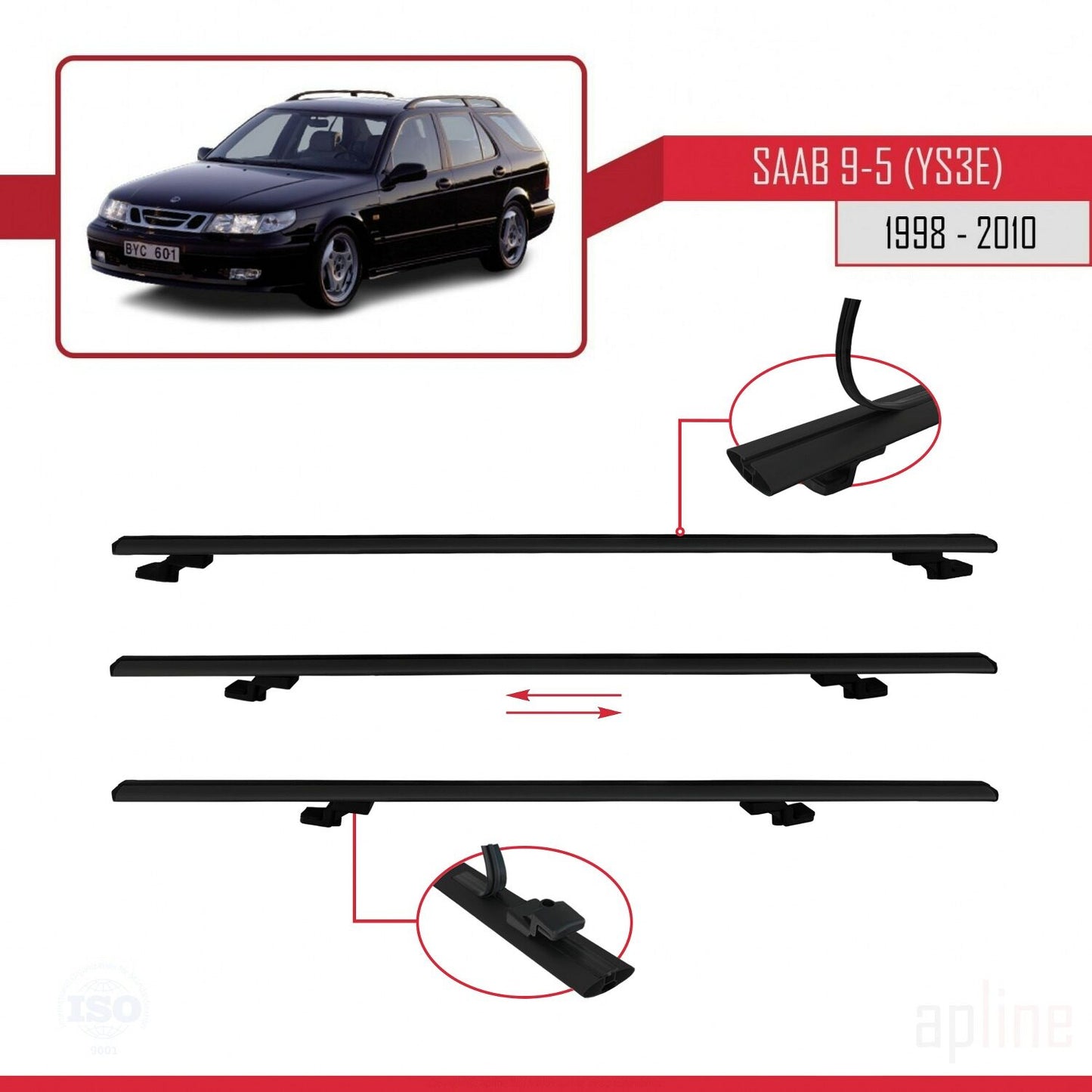 Compatible avec Saab 9-5 (YS3E) Break 1998-2010 BASIC Model Barres de Toit Railing Porte-Bagages de Voiture Noir Aluminium 3 Barres