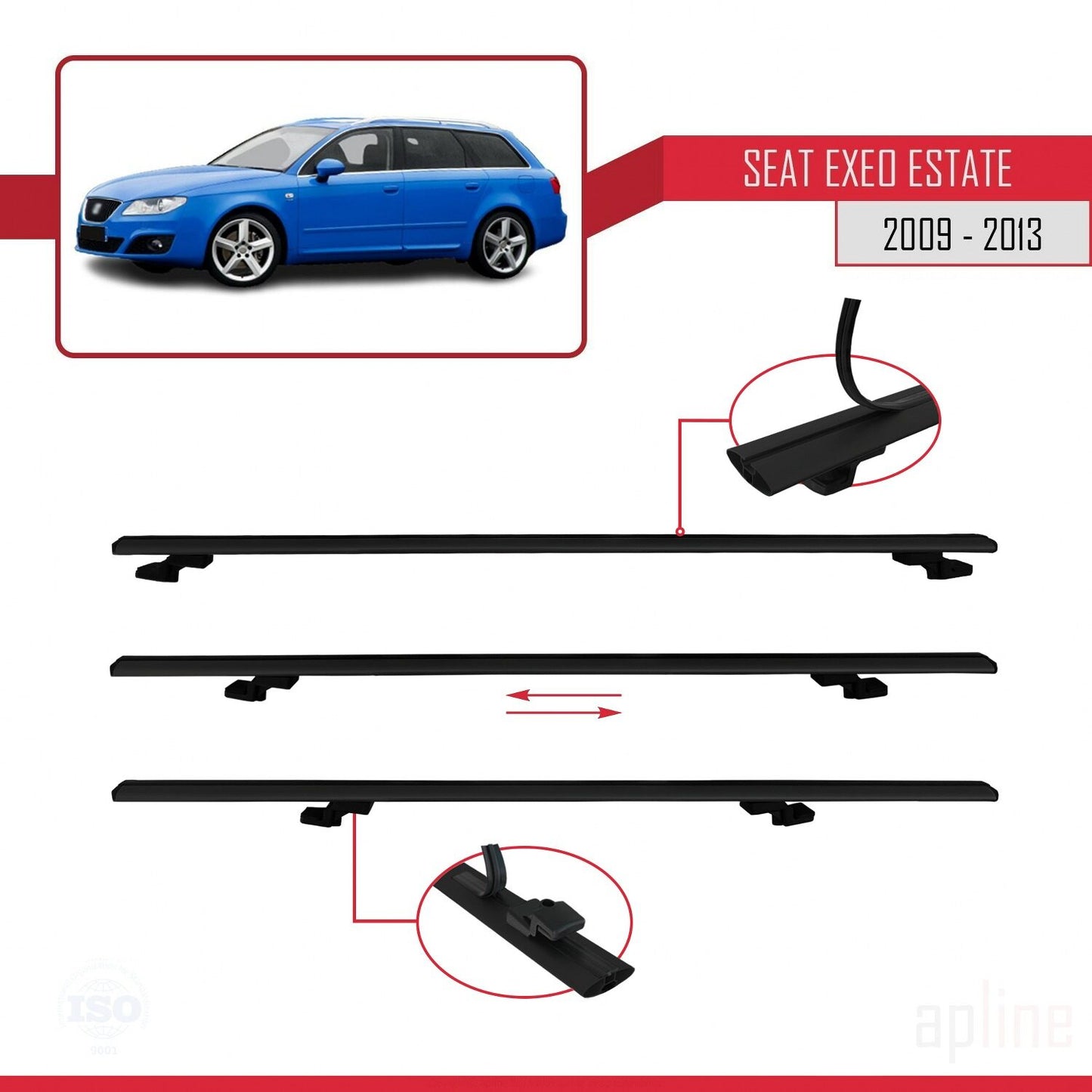 Compatible avec Seat Exeo (3R9) ST 2009-2013 BASIC Model Barres de Toit Railing Porte-Bagages de Voiture Noir Aluminium 2 Barres