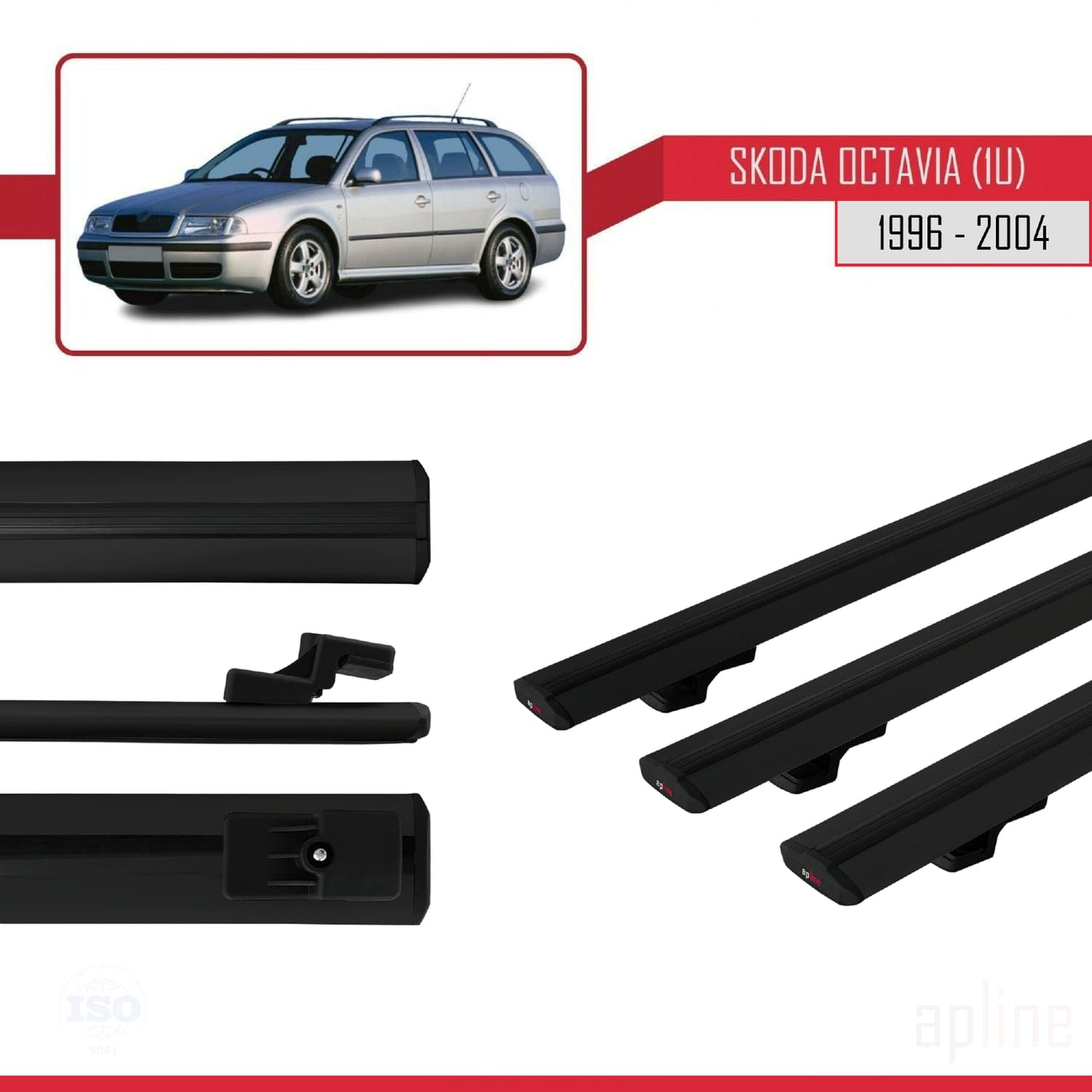Compatible avec Skoda Octavia (1U) 1996-2004 BASIC Model Barres de Toit Railing Porte-Bagages de Voiture Noir Aluminium 3 Barres