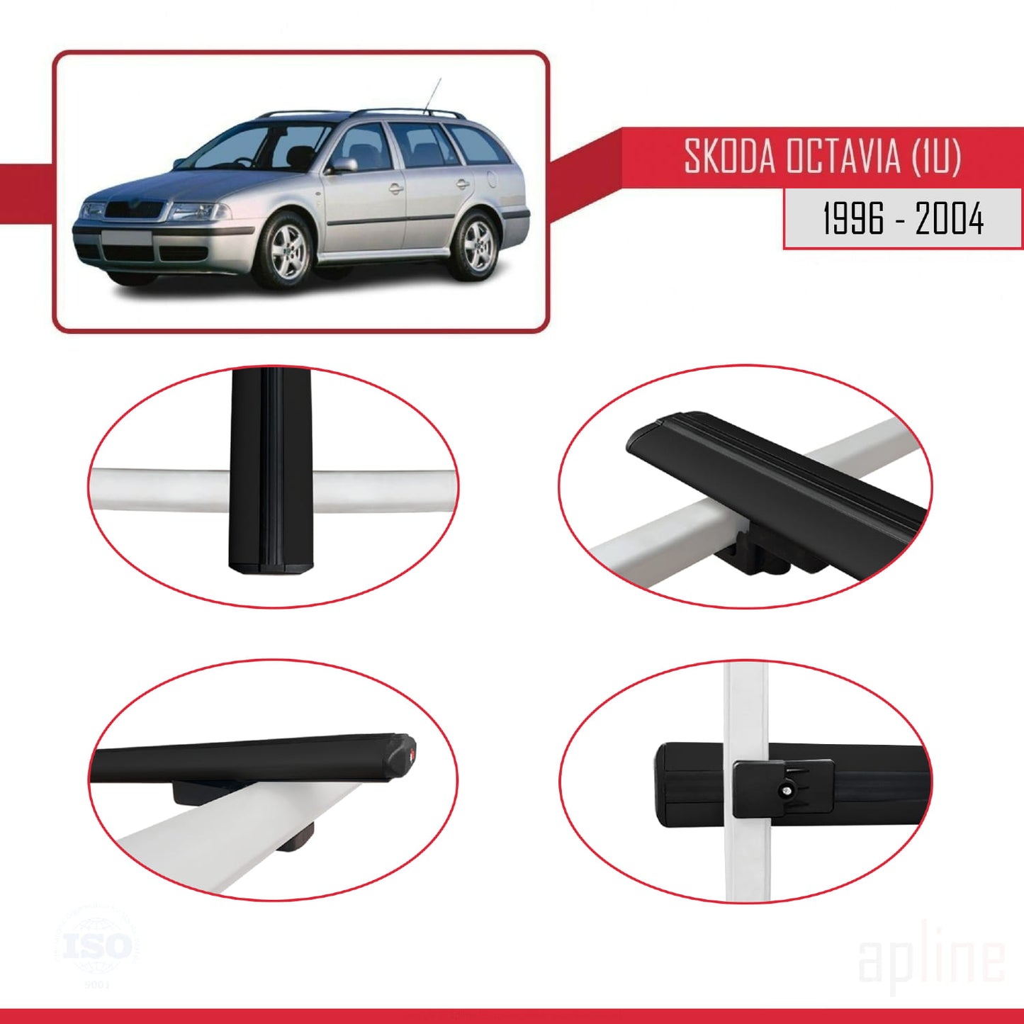 Compatible avec Skoda Octavia (1U) 1996-2004 BASIC Model Barres de Toit Railing Porte-Bagages de Voiture Noir Aluminium 3 Barres