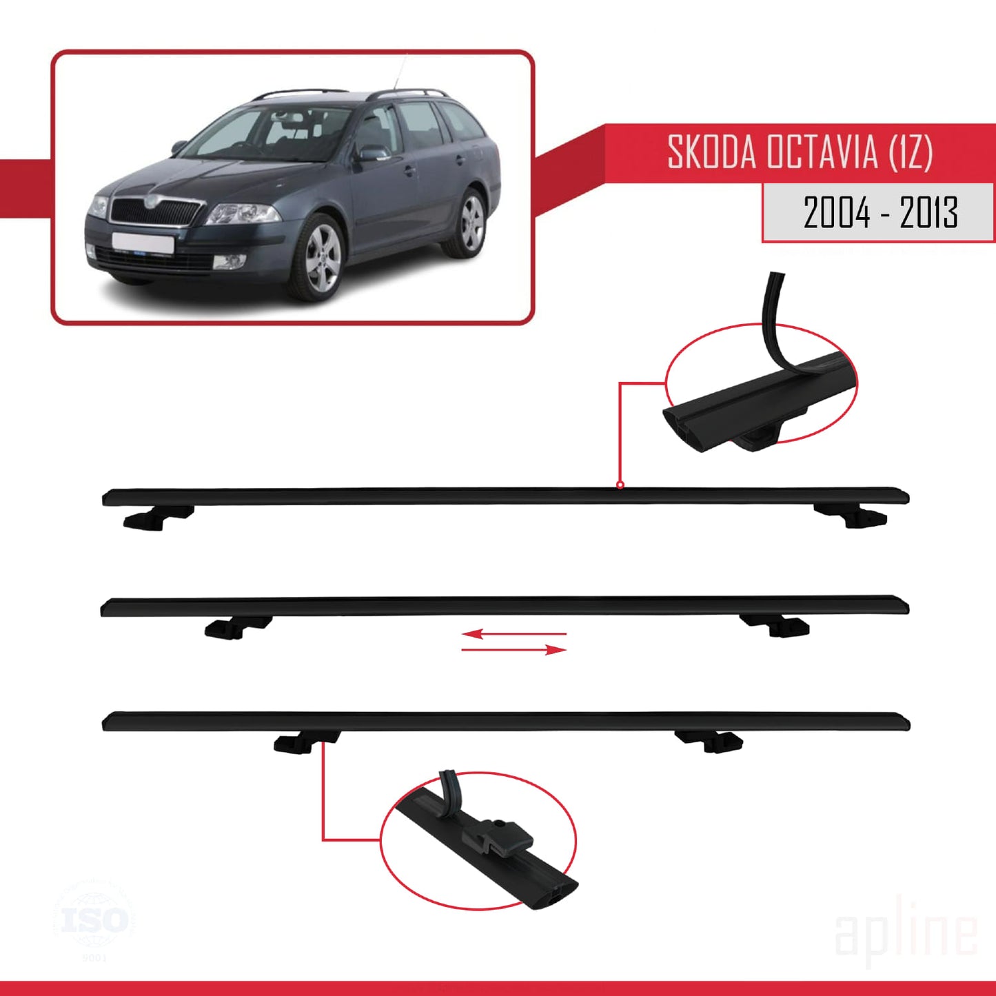 Compatible with Skoda Octavia 2 (1Z) 2004-2013 BASIC Model Car Roof Rack Cross Bar Black Aluminium 3 Bars