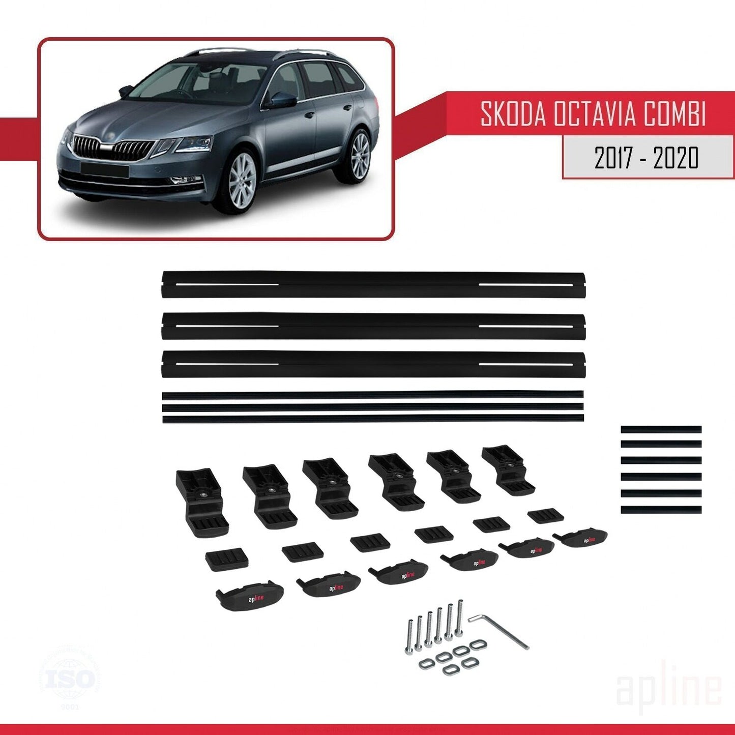 Compatible with Skoda Octavia 3 (5E) SW Post-Facelift 2017-2020 BASIC Model Car Roof Rack Cross Bar Black Aluminium 3 Bars