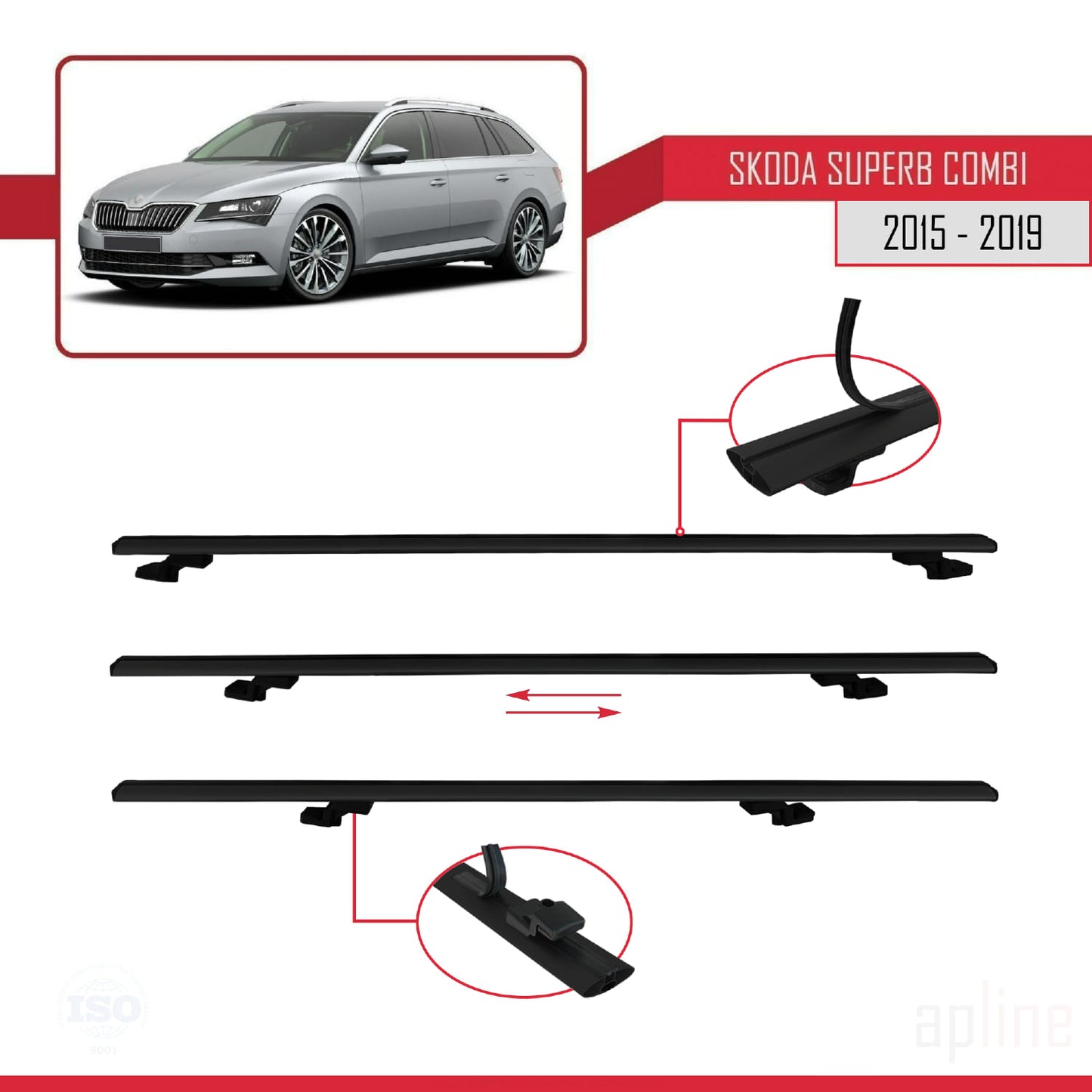 Compatible avec Skoda Superb 3 (3V) Break Pre-Facelift 2015-2019 BASIC Model Barres de Toit Railing Porte-Bagages de Voiture Noir Aluminium 3 Barres