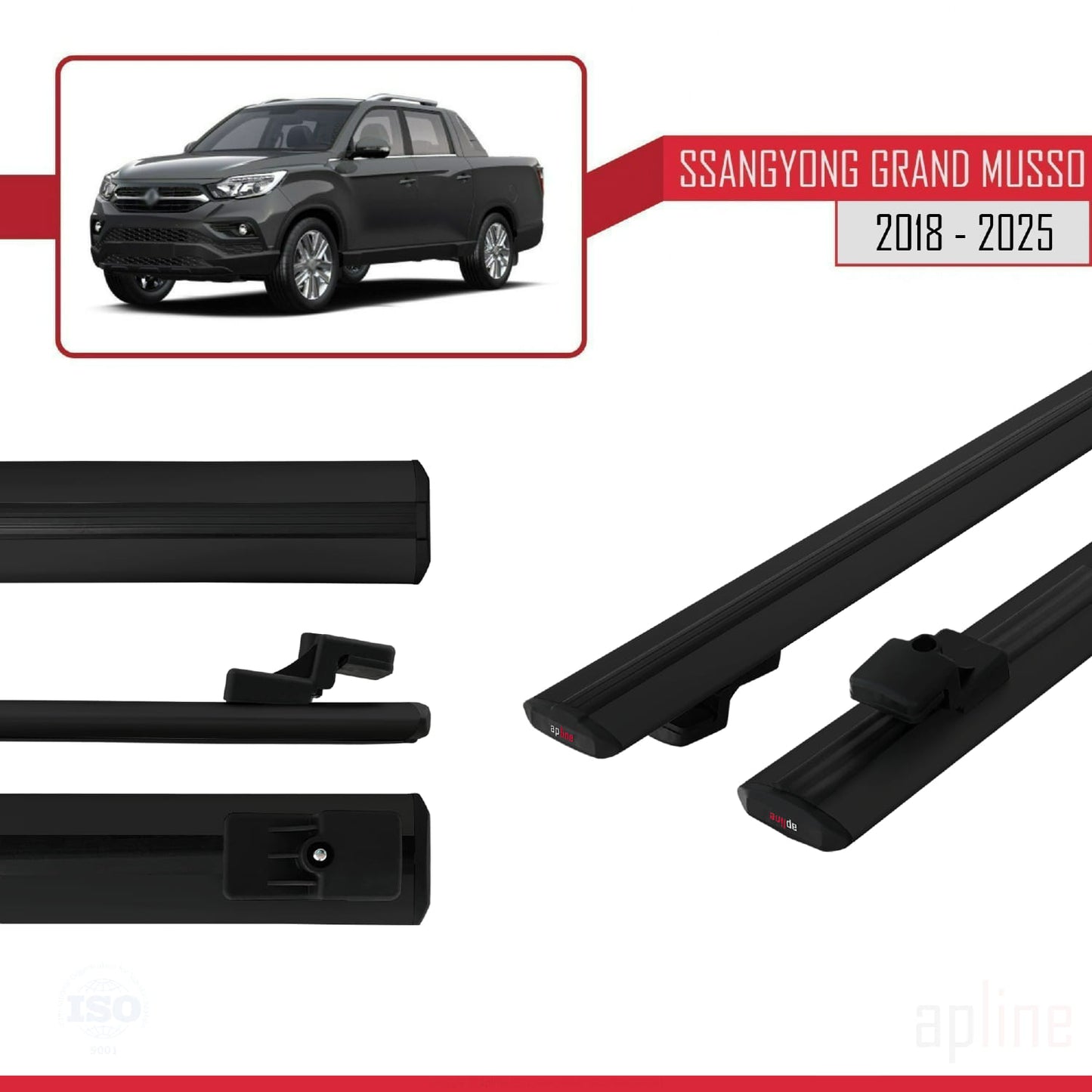 Compatible avec Ssangyong Grand Musso 2018-2025 BASIC Model Barres de Toit Railing Porte-Bagages de Voiture Noir Aluminium 2 Barres