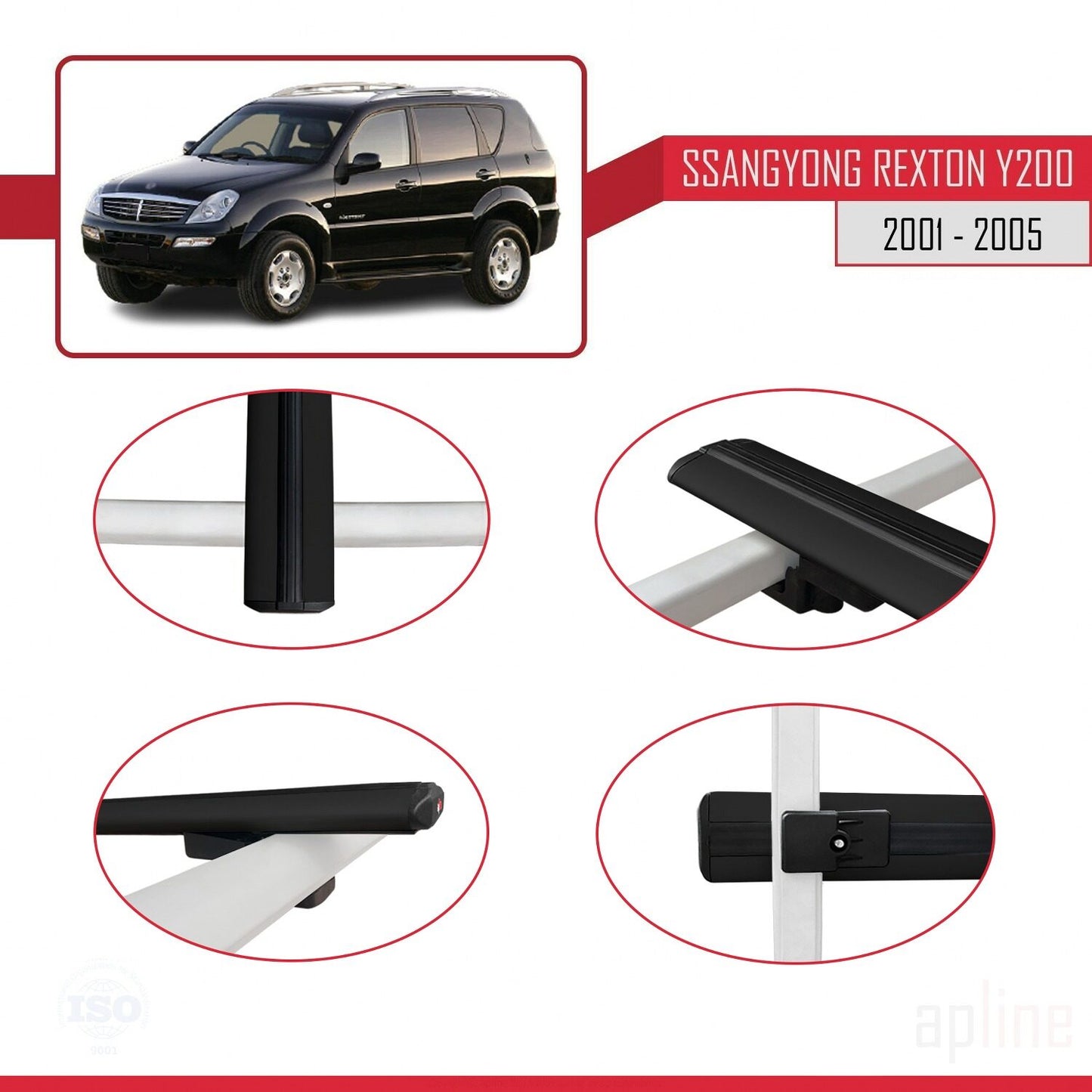 Compatible avec Ssangyong Rexton (Y200) 2001-2005 BASIC Model Barres de Toit Railing Porte-Bagages de Voiture Noir Aluminium 2 Barres