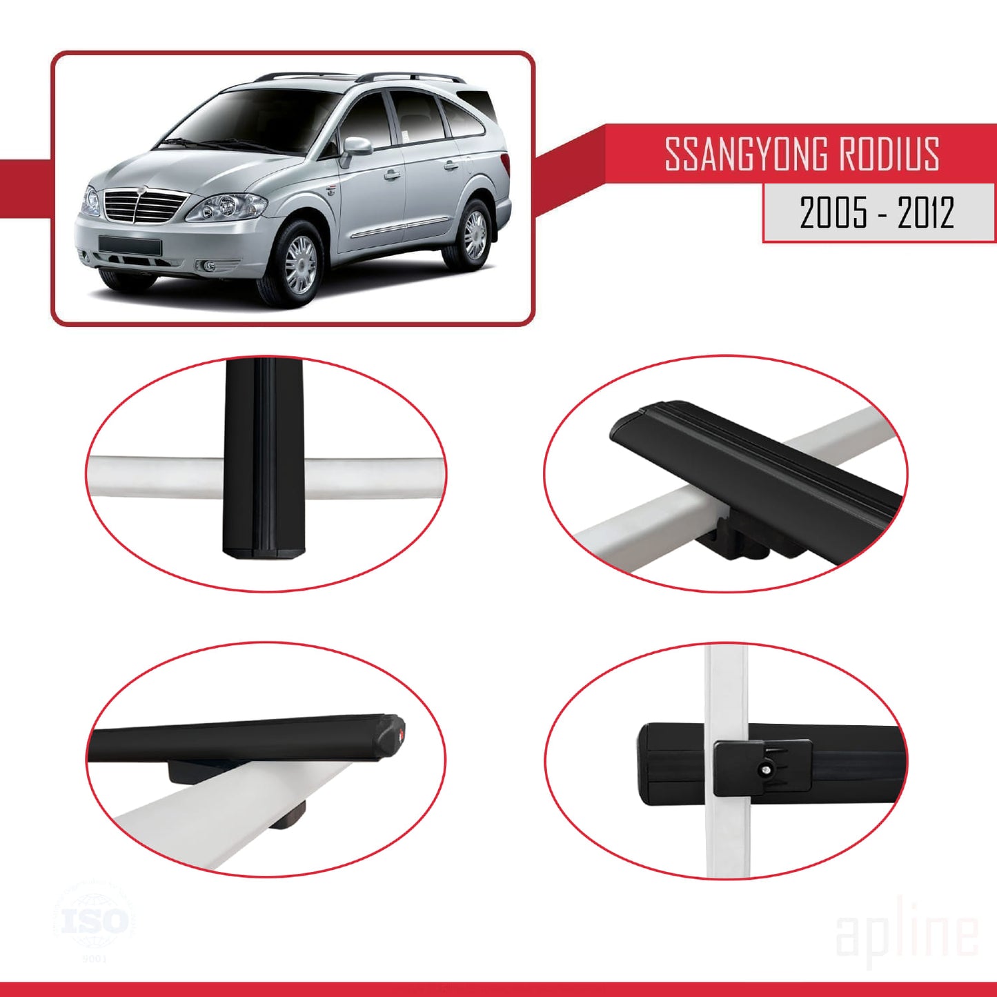 Compatible with Ssangyong Rodius 2005-2012 BASIC Model Car Roof Rack Cross Bar Black Aluminium 2 Bars
