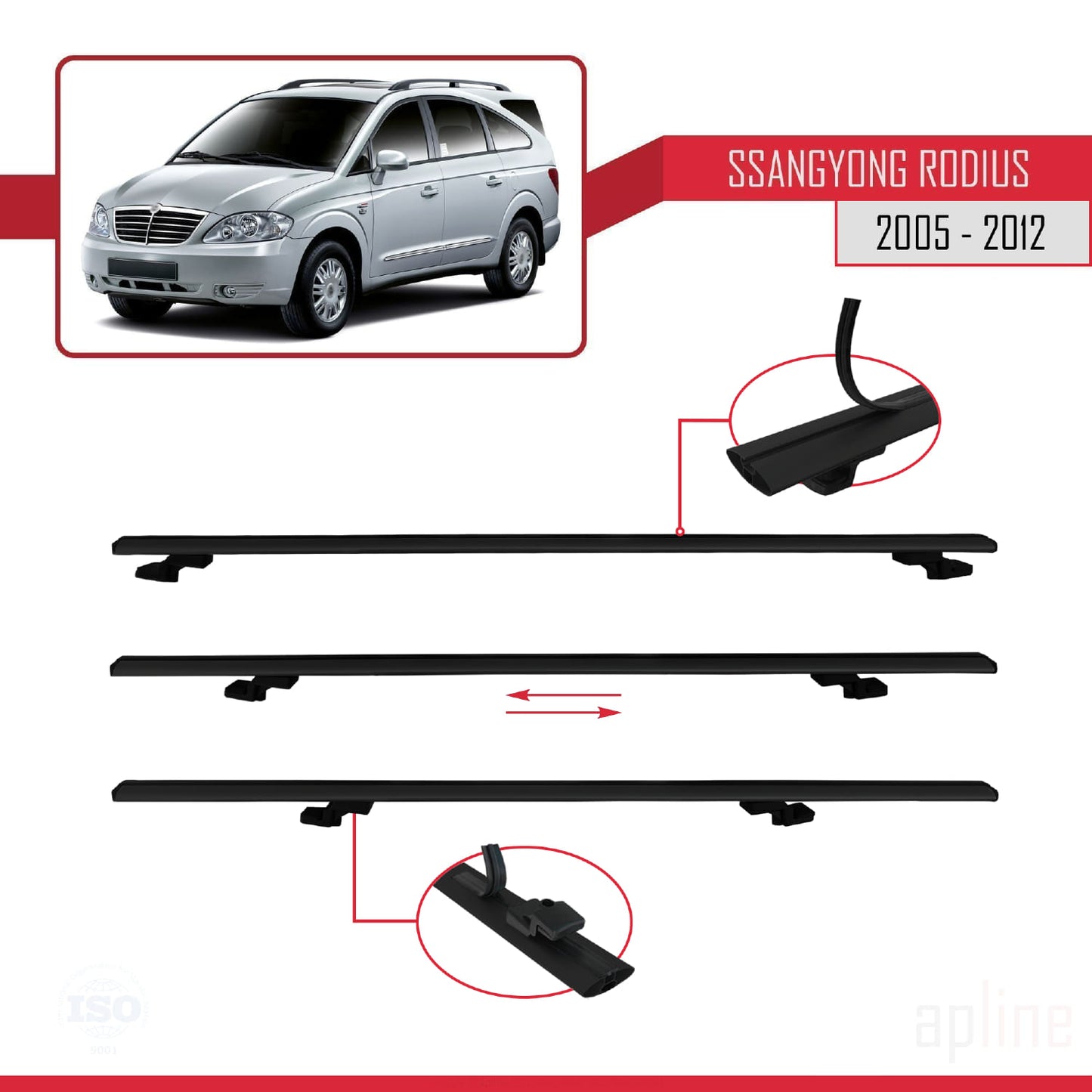 Compatible with Ssangyong Rodius 2005-2012 BASIC Model Car Roof Rack Cross Bar Black Aluminium 2 Bars