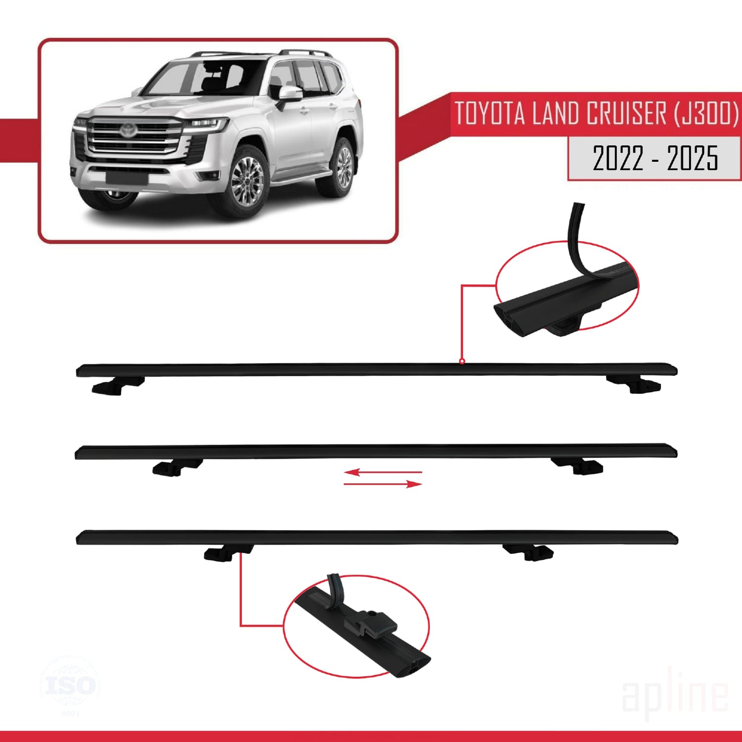 Compatible avec Toyota Land Cruiser (J300) 2022-2025 BASIC Model Barres de Toit Railing Porte-Bagages de Voiture Noir Aluminium 3 Barres