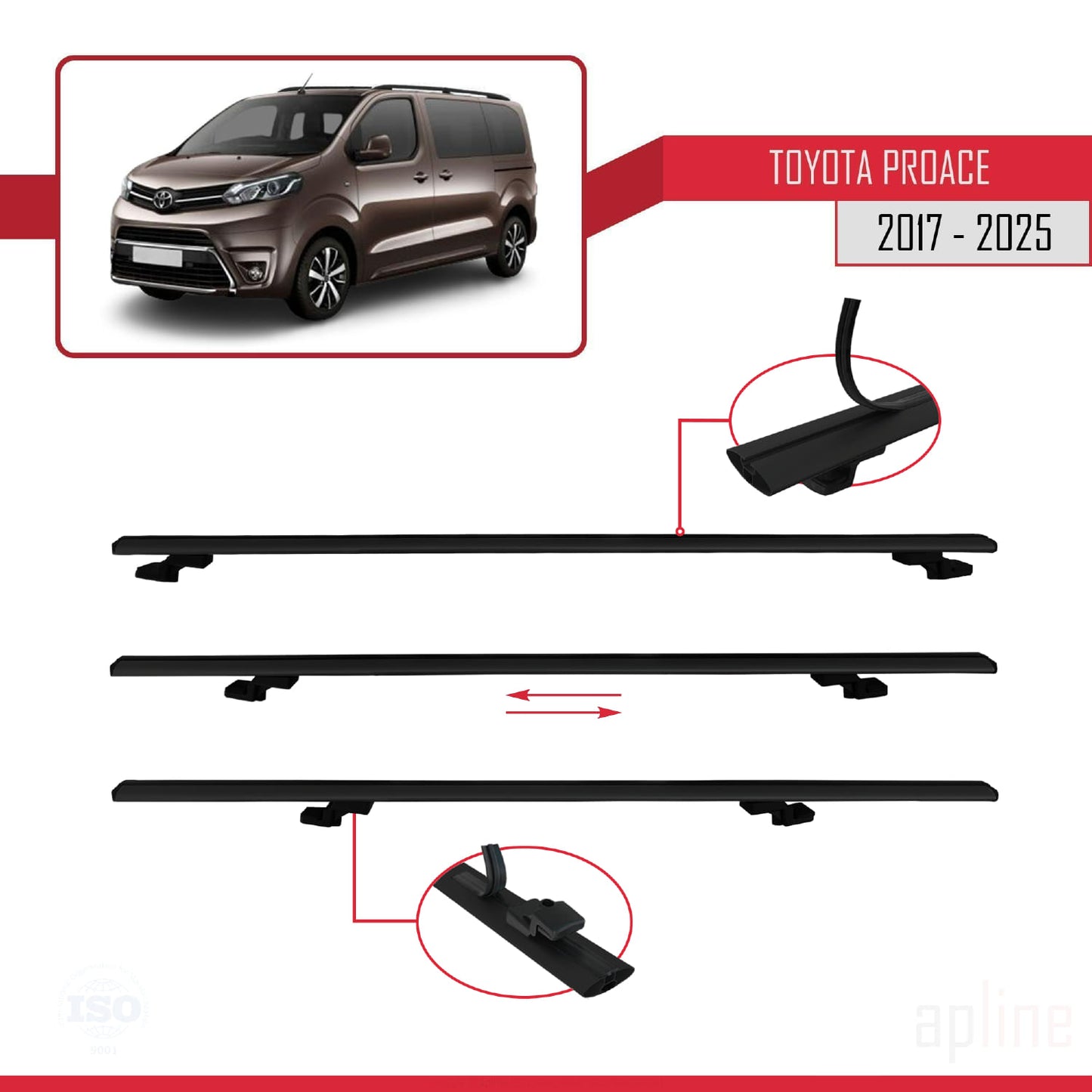 Compatible avec Toyota Proace 2017-2025 BASIC Model Barres de Toit Railing Porte-Bagages de Voiture Noir Aluminium 3 Barres