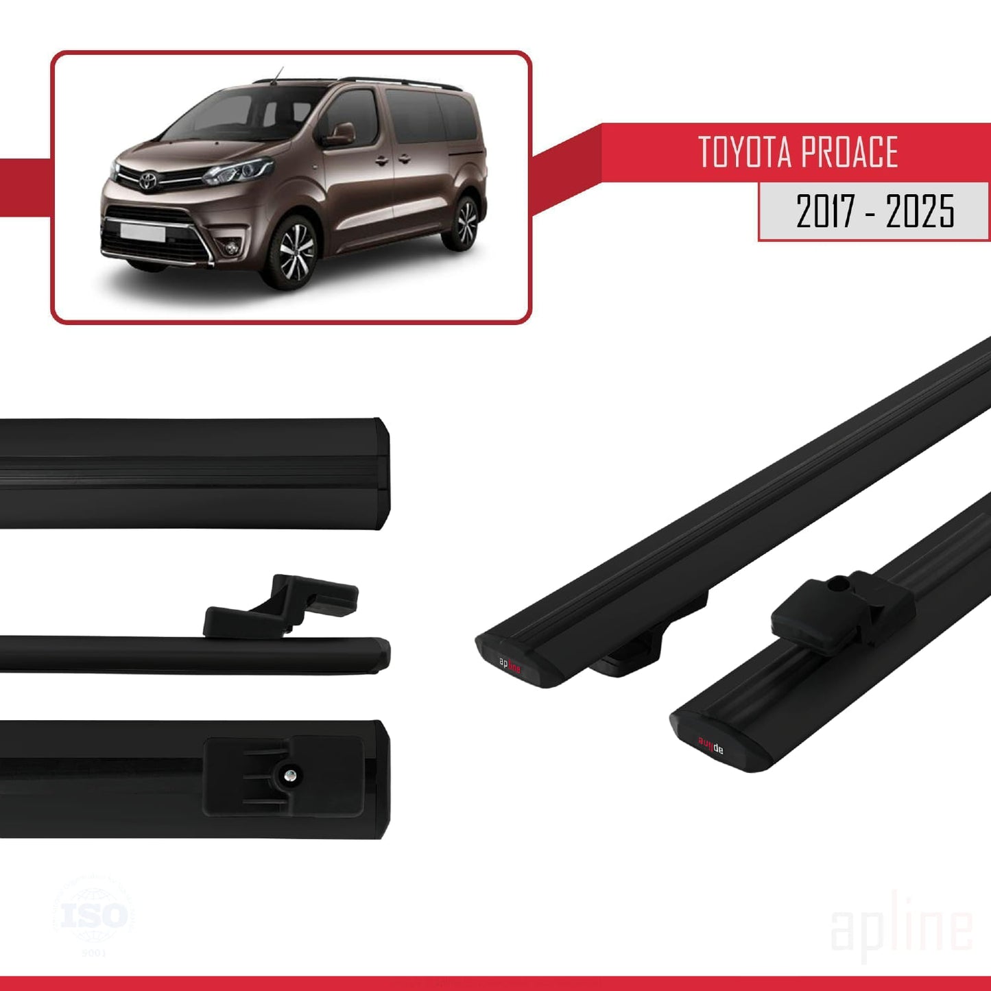 Compatible avec Toyota Proace 2017-2025 BASIC Model Barres de Toit Railing Porte-Bagages de Voiture Noir Aluminium 2 Barres