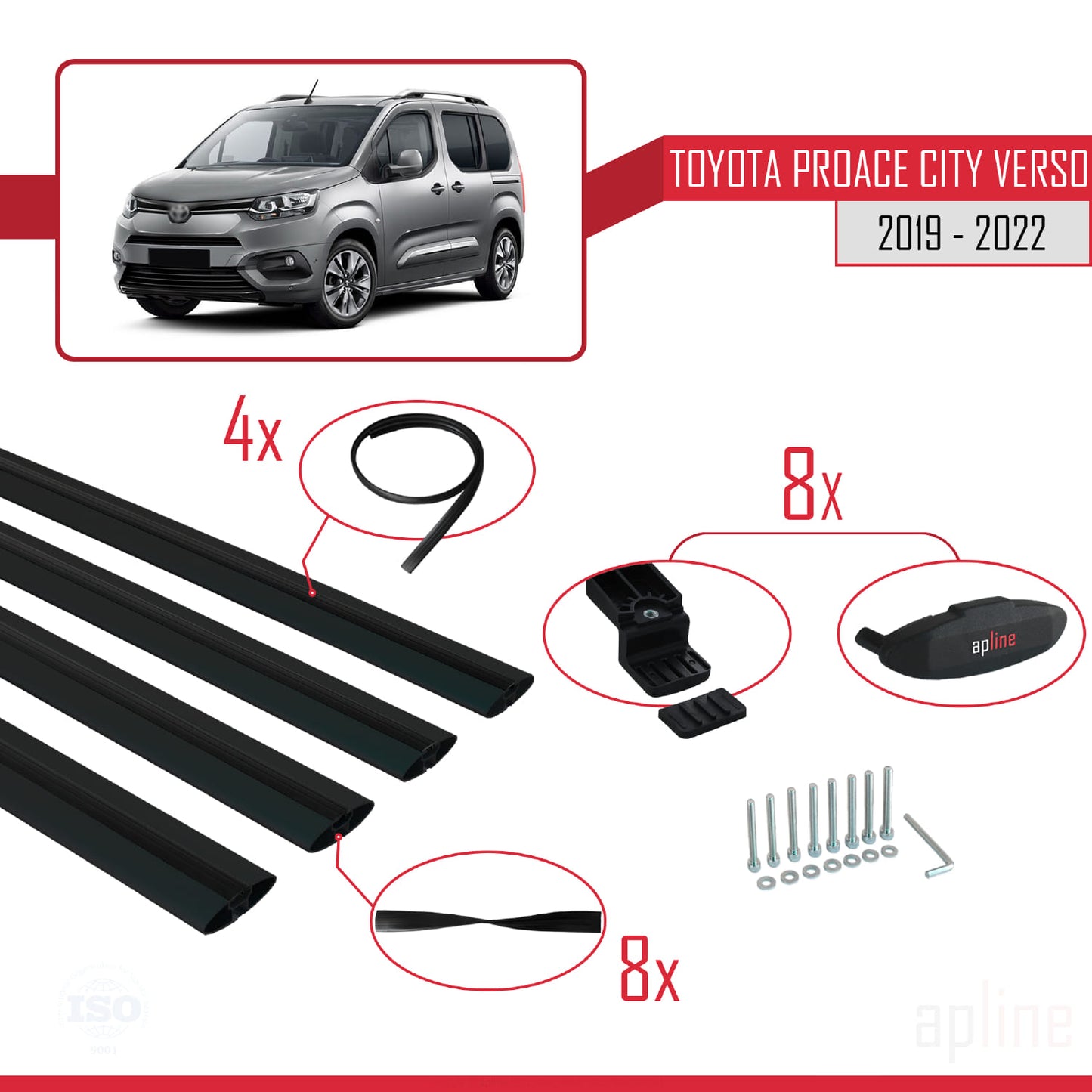 Compatible avec Toyota Proace City Verso 2019-2022 BASIC Model Barres de Toit Railing Porte-Bagages de Voiture Noir Aluminium 4 Barres