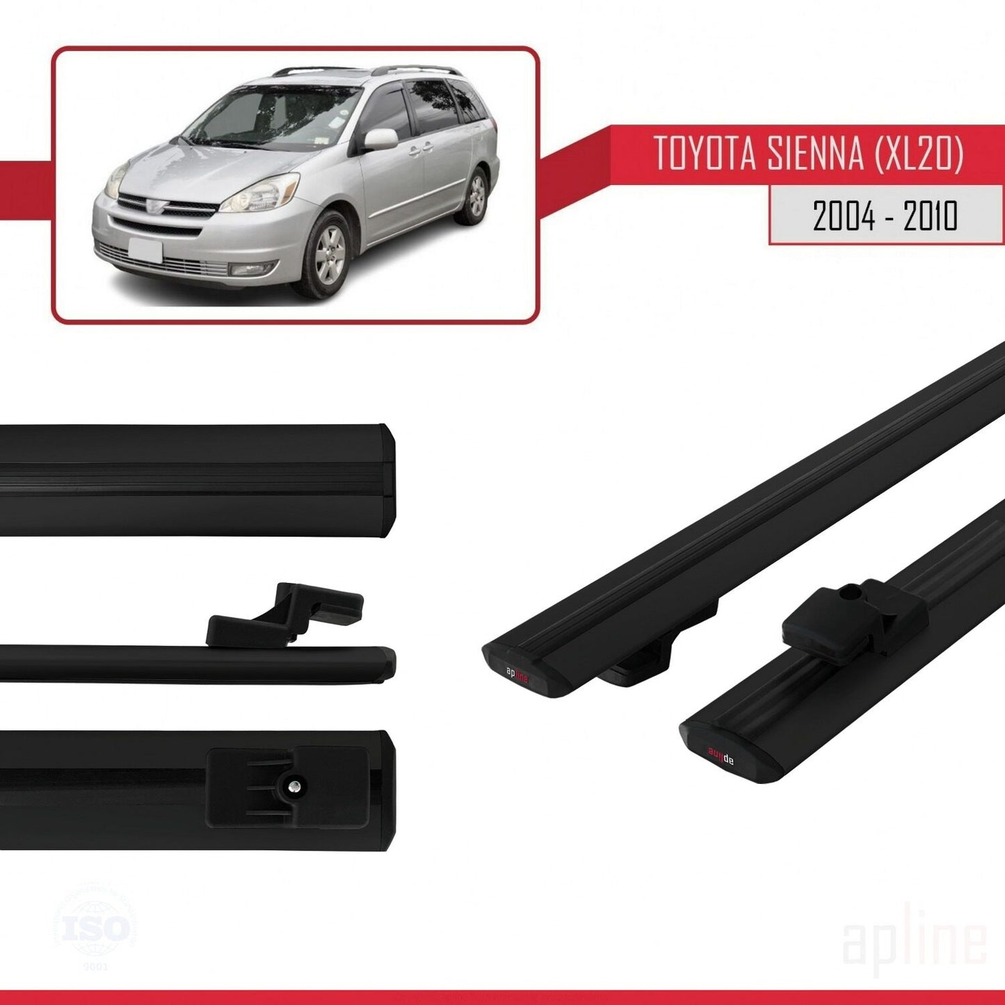Compatible avec Toyota Sienna 2 (XL20) 2004-2010 BASIC Model Barres de Toit Railing Porte-Bagages de Voiture Noir Aluminium 2 Barres